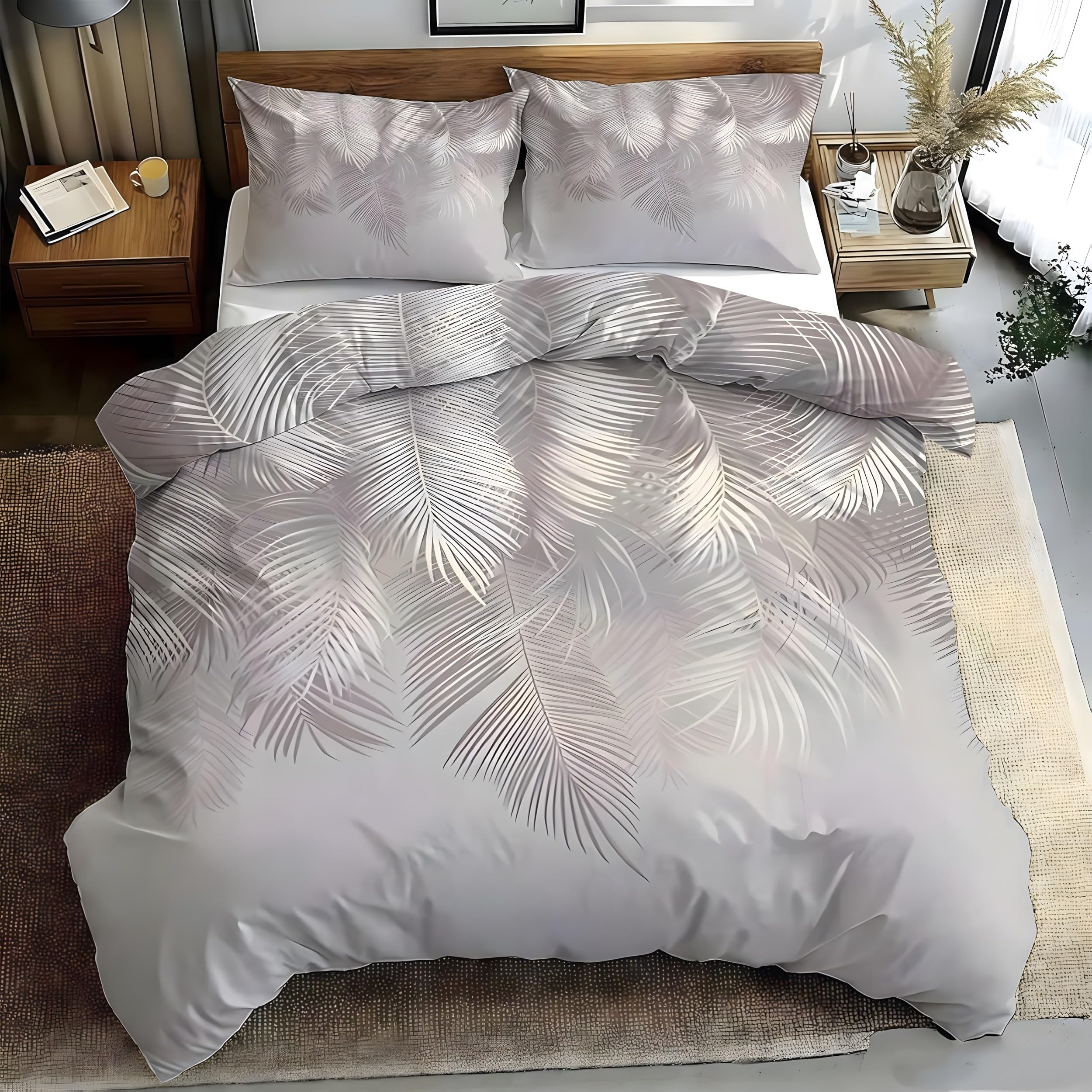 YZQGLHP Gray Leaves King Duvet Cover Set 225x220cm Fresh Style Pattern Soft Fluffy Microfiber King Size Bedding, Easy Care Quilt Cover with Zipper & 2 Pillowcases 50x75cm