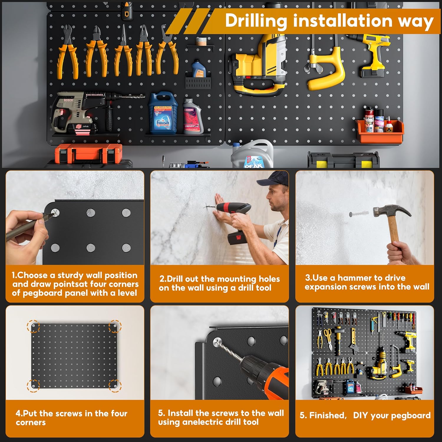 Peg Board, 110pcs Metal Pegboard Kit, Includes 4 Pack Black Peg Board Panels with Accessories and Hook Locks, Large Heavy Duty Peg Boards for Walls Home, Garage Tool Storage, Workbench