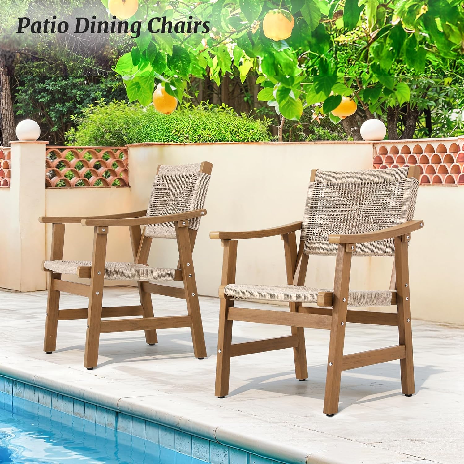 Cozyman Outdoor Dining Chairs Set of 4, All-Weather HDPS Frame & PE Rattan Seat - Fast-Drying, Airflow Design, Heavy-Duty for Patio, Deck, Pool, Backyard (Teak Color-Oil Printed)