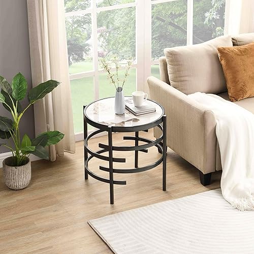 Miniatura 7 de LifeSky - Mesa auxiliar redonda de mármol, mesa auxiliar circular con marco de metal, mesas auxiliares circulares pequeñas para sala de estar,