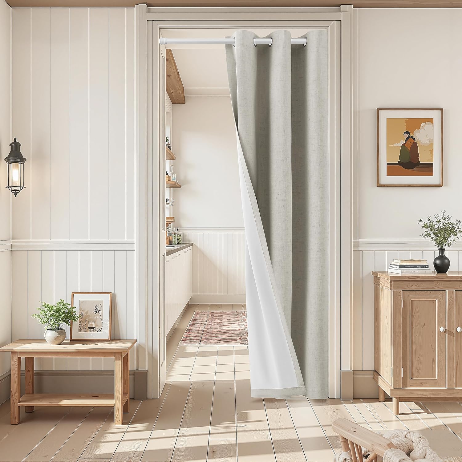 Joywell 100% Blackout Linen Door Curtains with Telescopic Rod 80 Inches Long Closet Curtain for Bedroom Natural Black Out Drapes for Kitchen Cabinet Pantry Doorway Window 1 Panel Cream Ivory 34x80