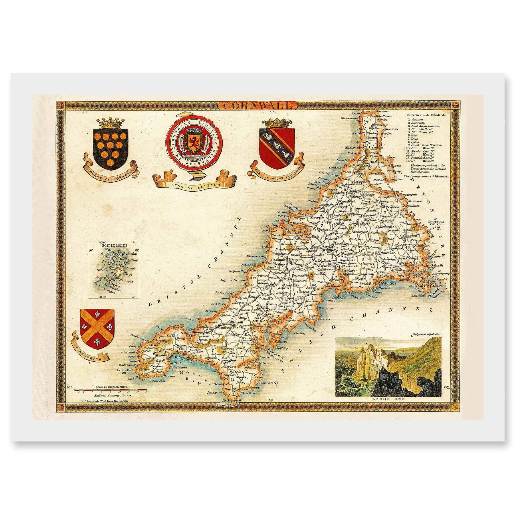 Artery8 Map Antique Moule 1850 Cornwall County England UK Artwork Framed Wall Art Print A4
