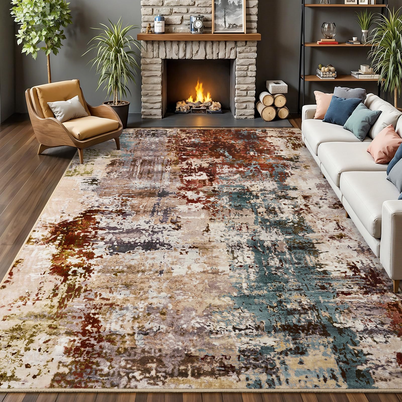 arogan 8x10 rug washable area rugs for living room, modern abstract large area rug non slip carpet, low pile indoor floor soft rug for bedroom dining room office kids playroom decor, mottled red