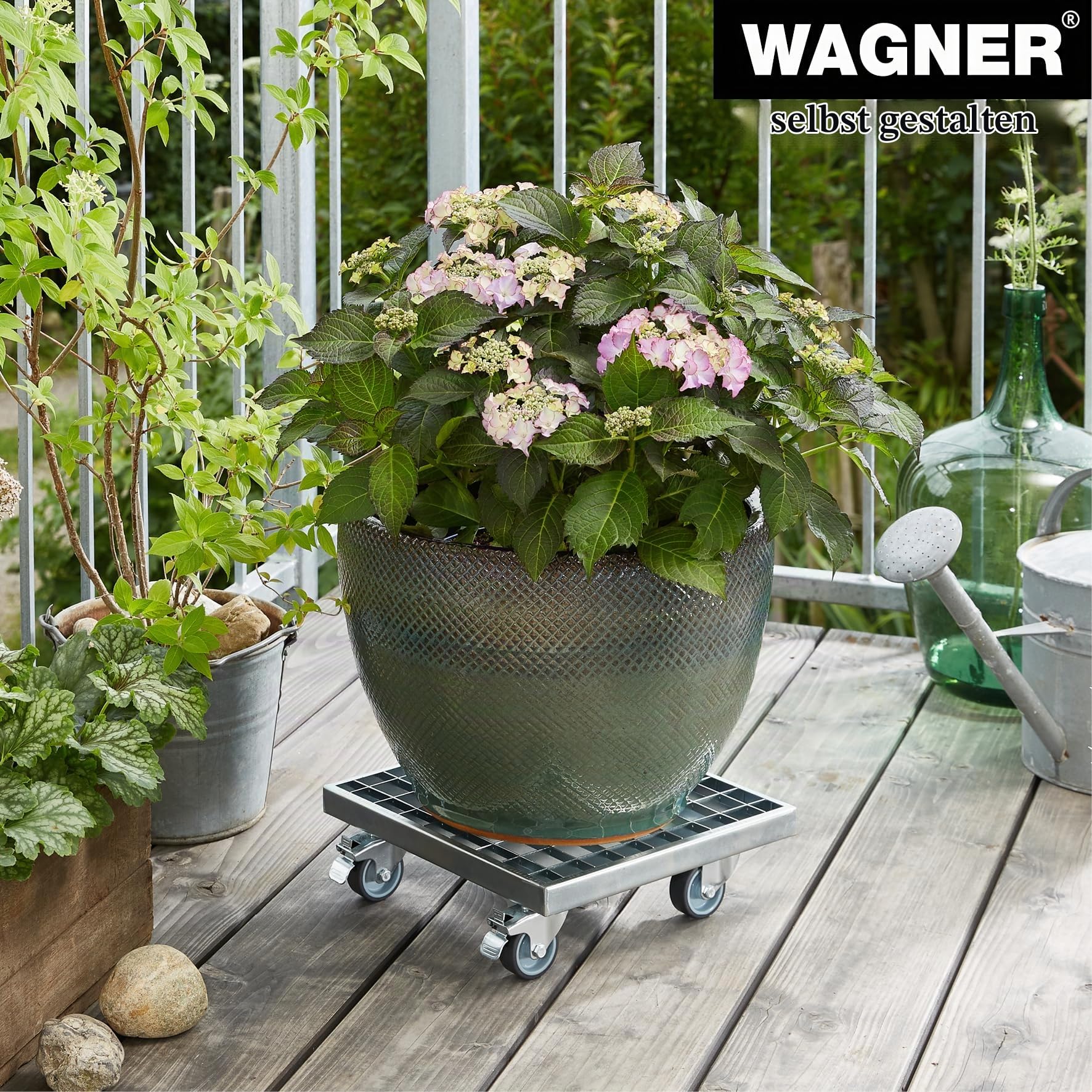 WAGNER Pflanzenroller Industrial Style 29 x 29 x 9,5 cm I Blumenroller für Innenbereich + Außenbereich I Kübelroller aus verzinktem Stahl Gitterrost, Silber I Tragkraft 200 kg - 20701501