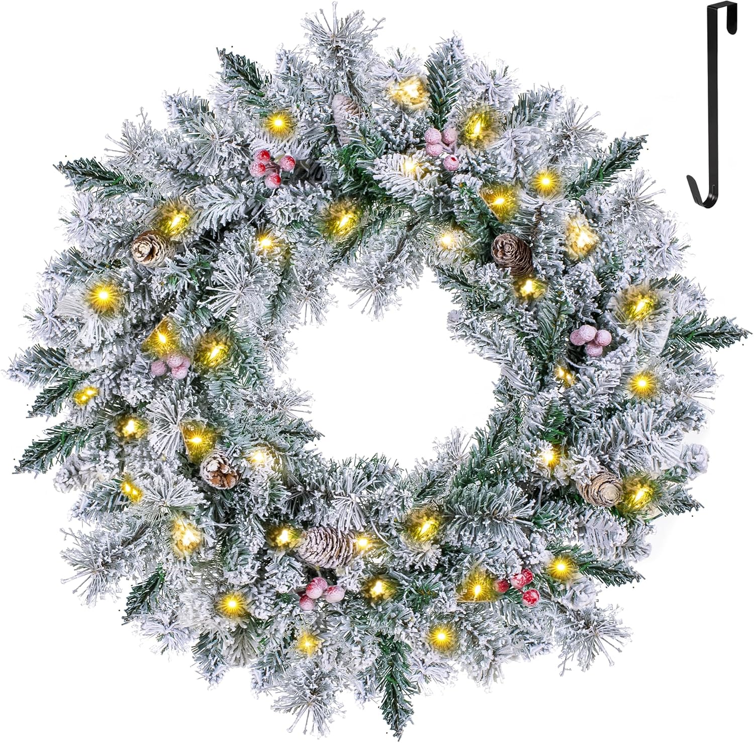 24" Pre-lit Snow Flocked Christmas Wreath for Front Door, Timer Outdoor Wreath for Windows with Pine Needles Red Berries Pine Cones & Hanger, Battery Operated Artificial Wreath Decorations
