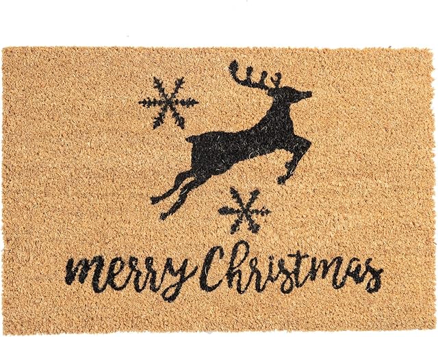 Nicola Spring 1x 40x60cm Reindeer Christmas Door Mat - Non-Slip Natural Coir Indoor Outdoor Welcome Mats