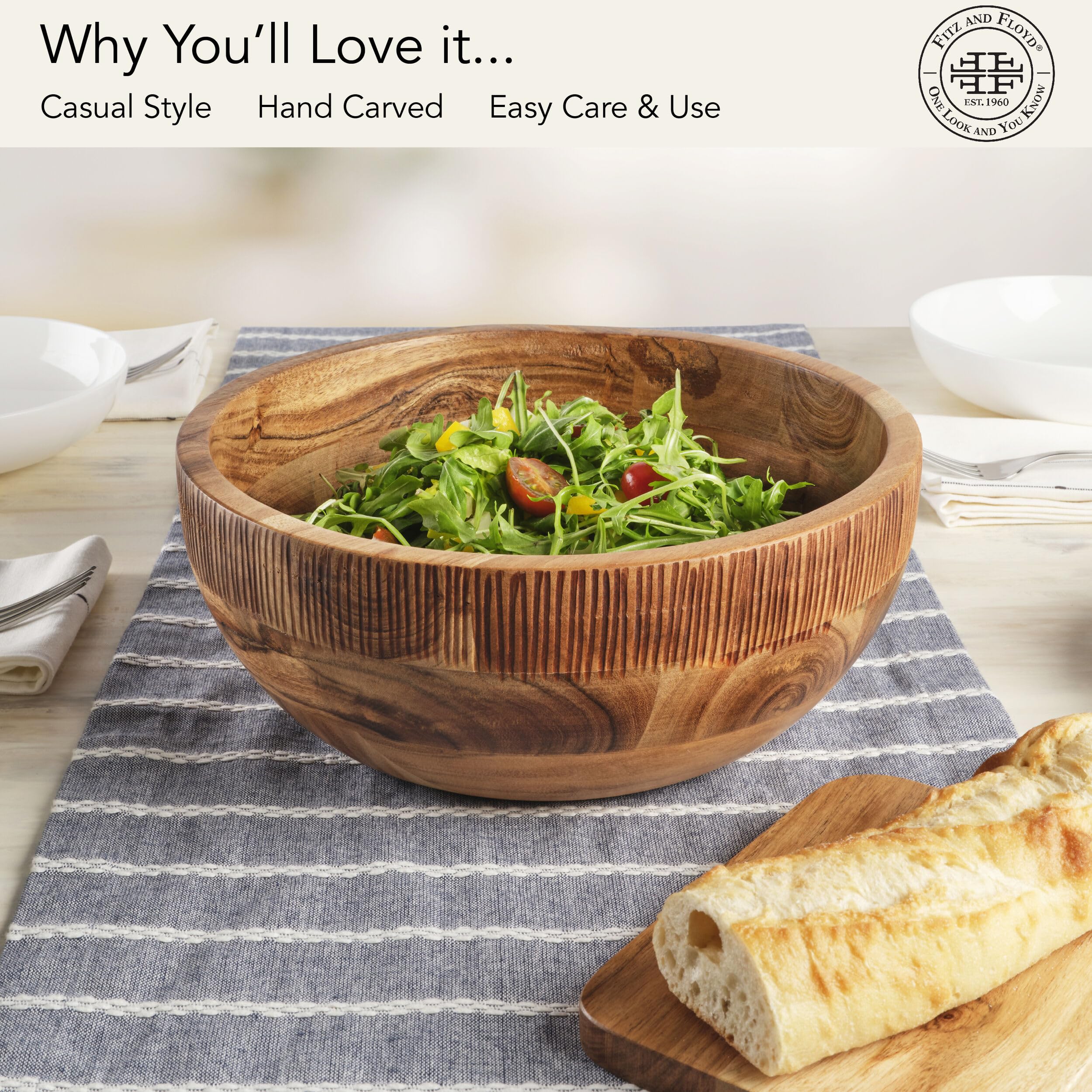 Fitz And Floyd Caleb Set Of 3 Acacia Wood Salad Serving Bowls - Natural Wood Bowls For Entertaining