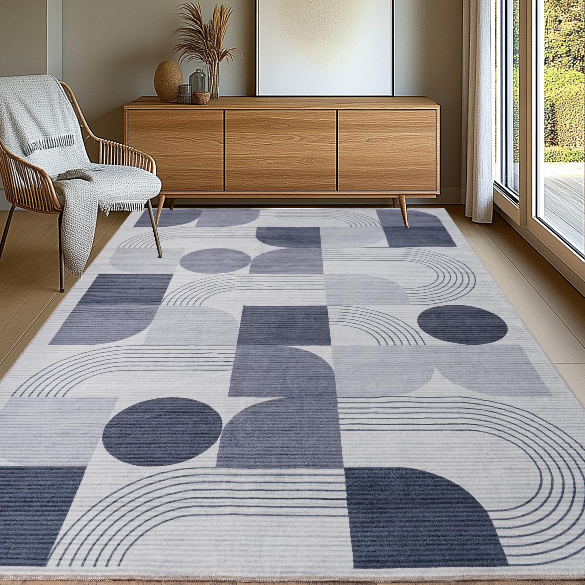 Abstraktem Waschbarer Teppich Wohnzimmer, 200x230 cm Anthrazit | Groß Muster Kurzflor Teppich, Wohnzimmerteppich Bettvorleger Moderne Carpet für Schlafzimmer Büro Esszimmer Küche Läufer