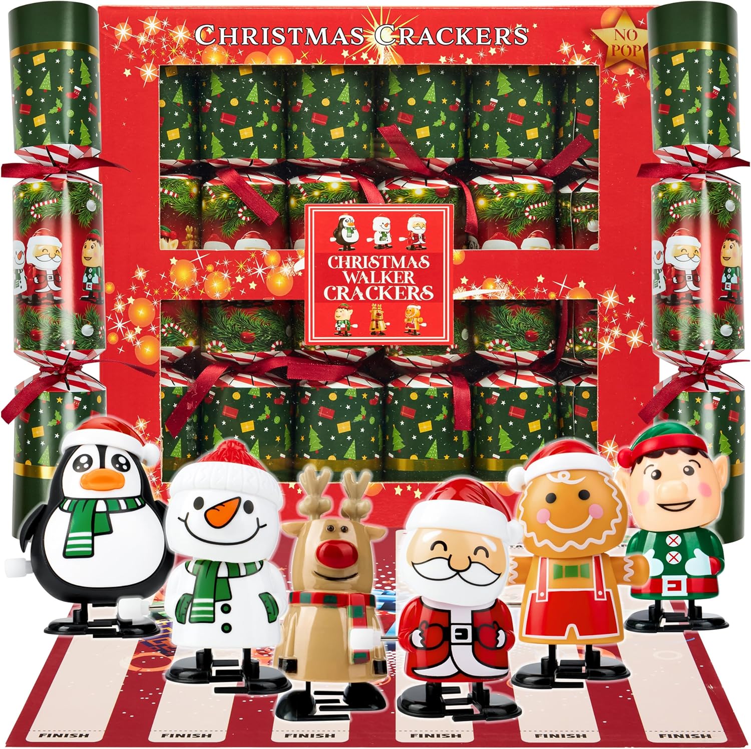 KreativeKraft Christmas Crackers No Snap Party Favors with Hats, Jokes & Fun Party Prizes Wind-Up Figures, Christmas Decorations Holiday Gift (Multi Walkers)