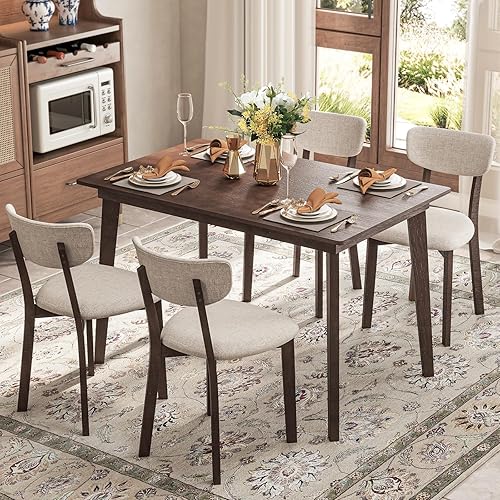 Tangkula Dining Table Set for 4, Dinette Set with Table and 4 Padded Seat, Rubber Wood Legs, Curved Backrest, Mid-Century Modern Kitchen Table Chairs Set of 4 for Living Room, Dining Room