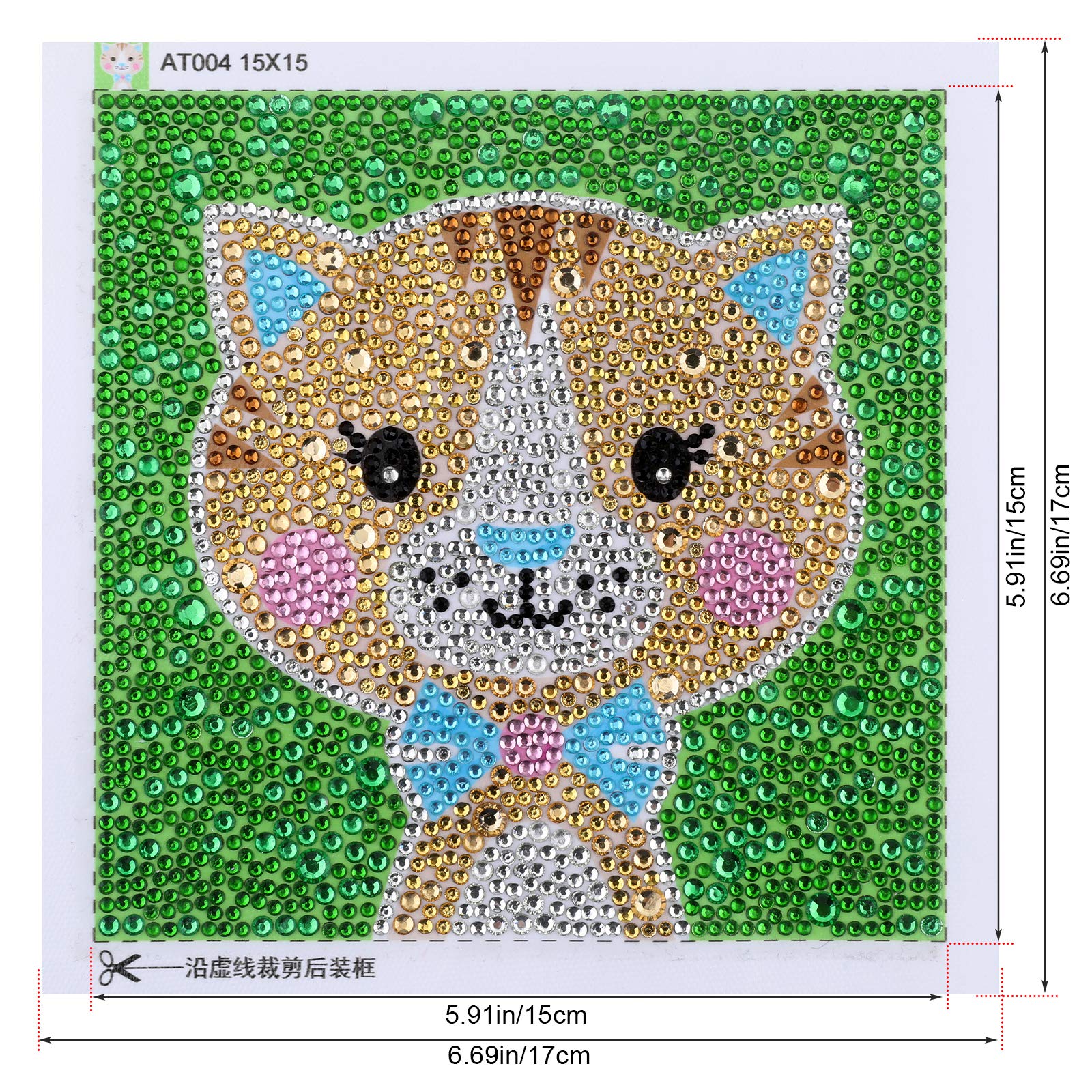 Kit Pittura Diamanti Per Bambini - Completo Con Diamanti 5D, Tela 15x15cm E Cornice, Tema Gatto KT