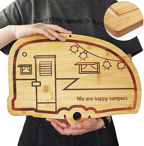 Happy Camper Tabla de cortar grande de bambú, tabla de fideos de madera para caravana, tabla de cortar carne para barbacoa, tabla de tallar para