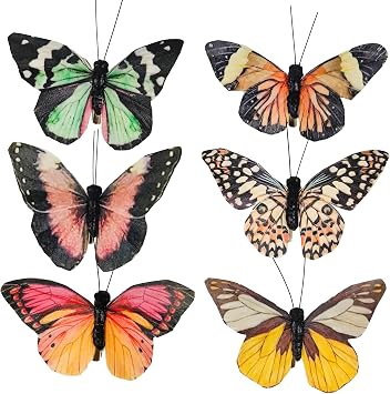 YCHTEWY-Feather Butterfly for Craft Decoration Set of 12 with Clip 6 Color Wedding Home Flower Pot Christmas Party Spring Home Decor Floral