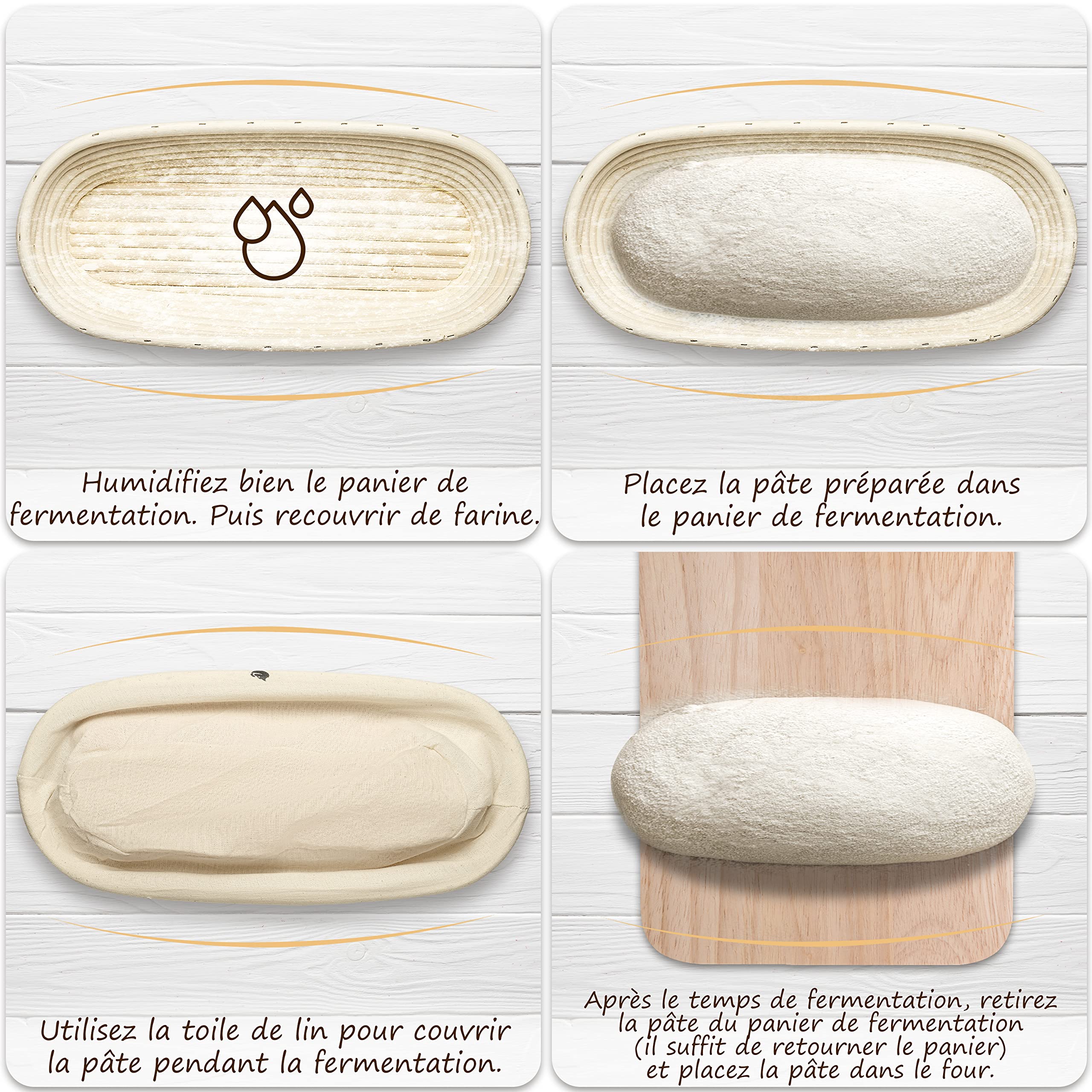 Exitoso Banneton pour Pain Ovale en Rotin Ø35cm 1Kg - Paniere Osier et Tissu Lin - Moule Long avec Lame Boulanger - Corbeille Tissu