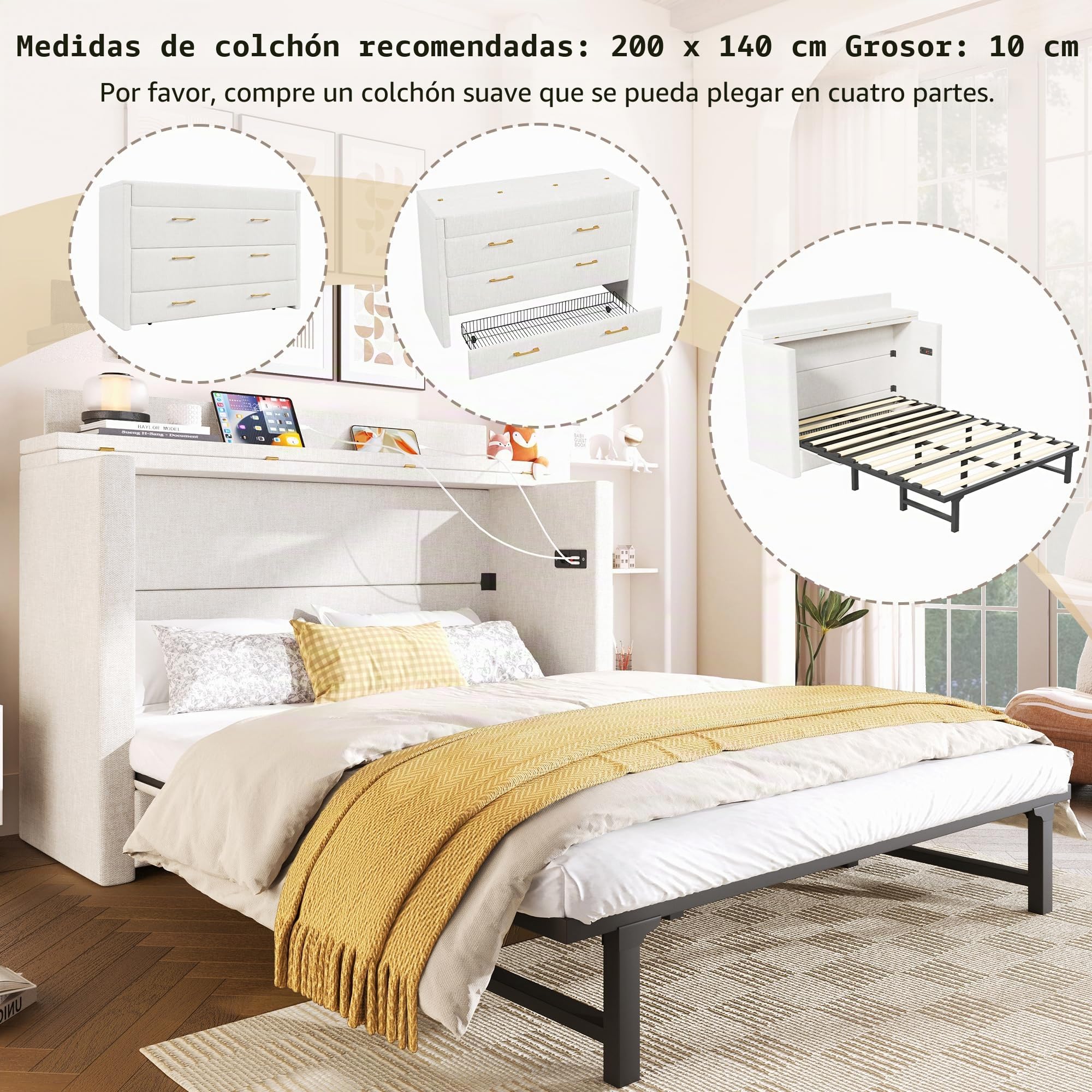 Kebnor Armario cama de 140 x 200 cm, con un cajón, cama móvil con compartimento de almacenamiento junto a la cama, con conexiones USB y tipo C, cama con plataforma convertible, sin colchón, lino