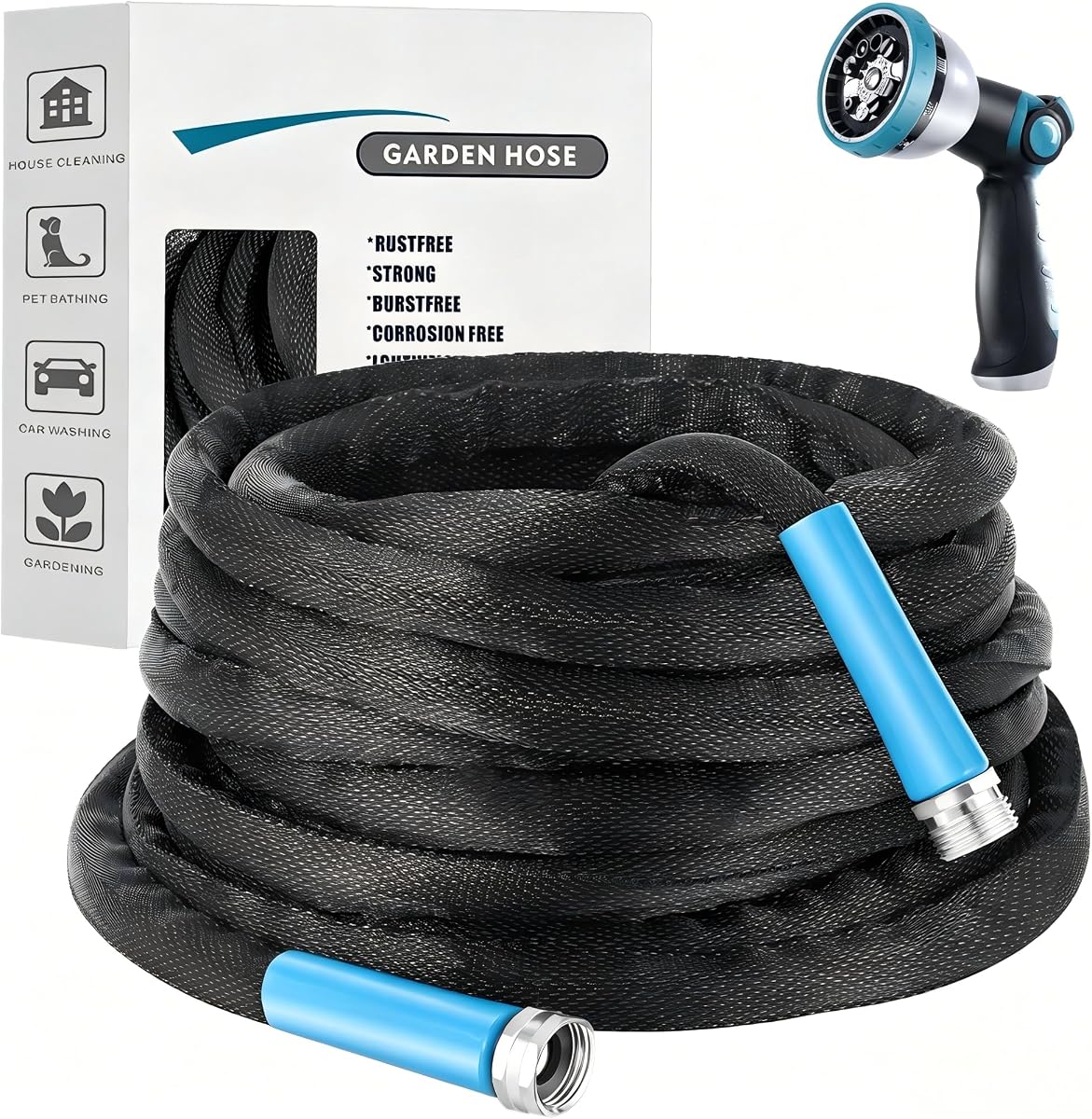 50FT Black Garden Hose, Lightweight No Kink Water Hose with 10 Function Spray Nozzle, 3/4 Inch Rust-Proof Aluminum Leak-Proof Connector for Yard Garden RV Outdoor Watering