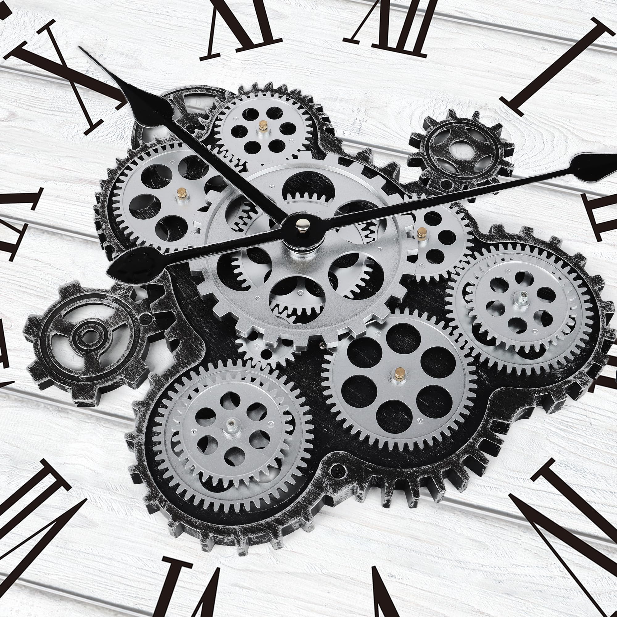 Horloge Murale Engrenages Mobiles Geante 57cm Industrielle Bois Vintage Blanc Pendule Murale Steampunk Chiffres Romains