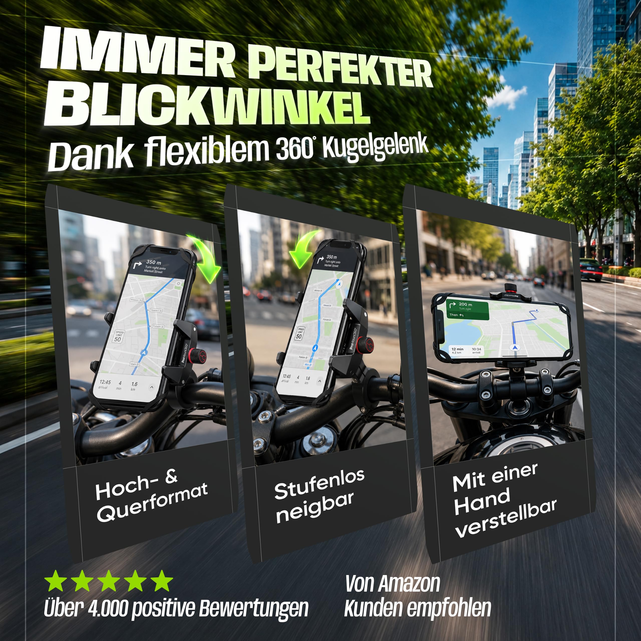 Impact® Pro Mount 360° - Handyhalterung Fahrrad [Smartphone KOMPATIBEL 4-7 Zoll] - Handyhalter Fahrrad - Handyhalterung für Fahrrad Lenker mit Kugelgelenk & Sicherheitsgummi - iPhone 14 15 Pro Max