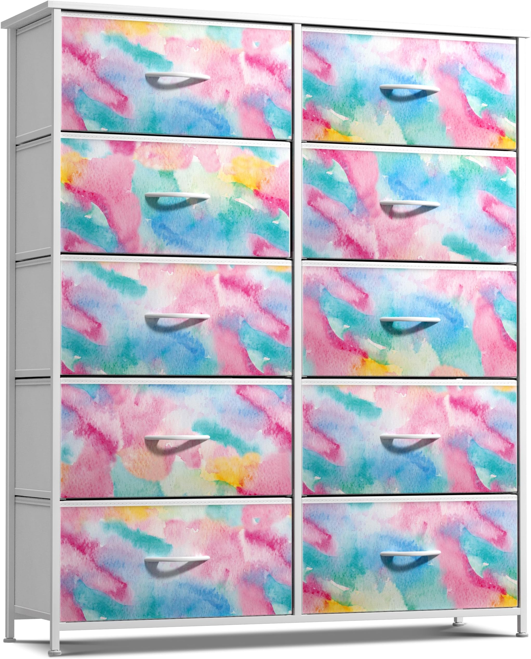 Kids Dresser with 10 Drawers - Storage Chest Organizer Unit Nightstand - Steel Frame, Wood Top, Tie-Dye Fabric Bins for Clothes - Wide Furniture for Bedroom, Hallway, Nursery, Closet, Apartment