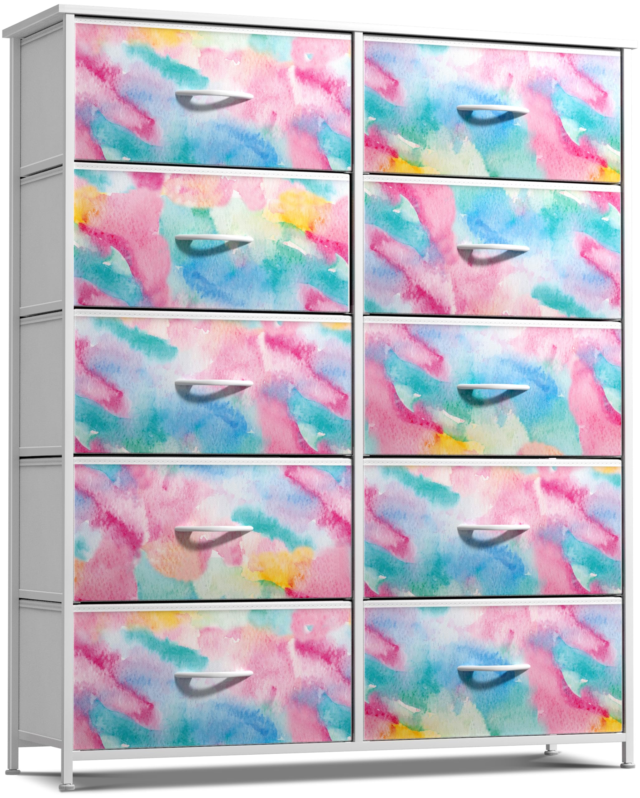 SorbusKids Dresser with 10 Drawers - Storage Chest Organizer Unit Nightstand - Steel Frame, Wood Top, Tie-Dye Fabric Bins for Clothes - Wide Furniture for Bedroom, Hallway, Nursery, Closet, Apartment