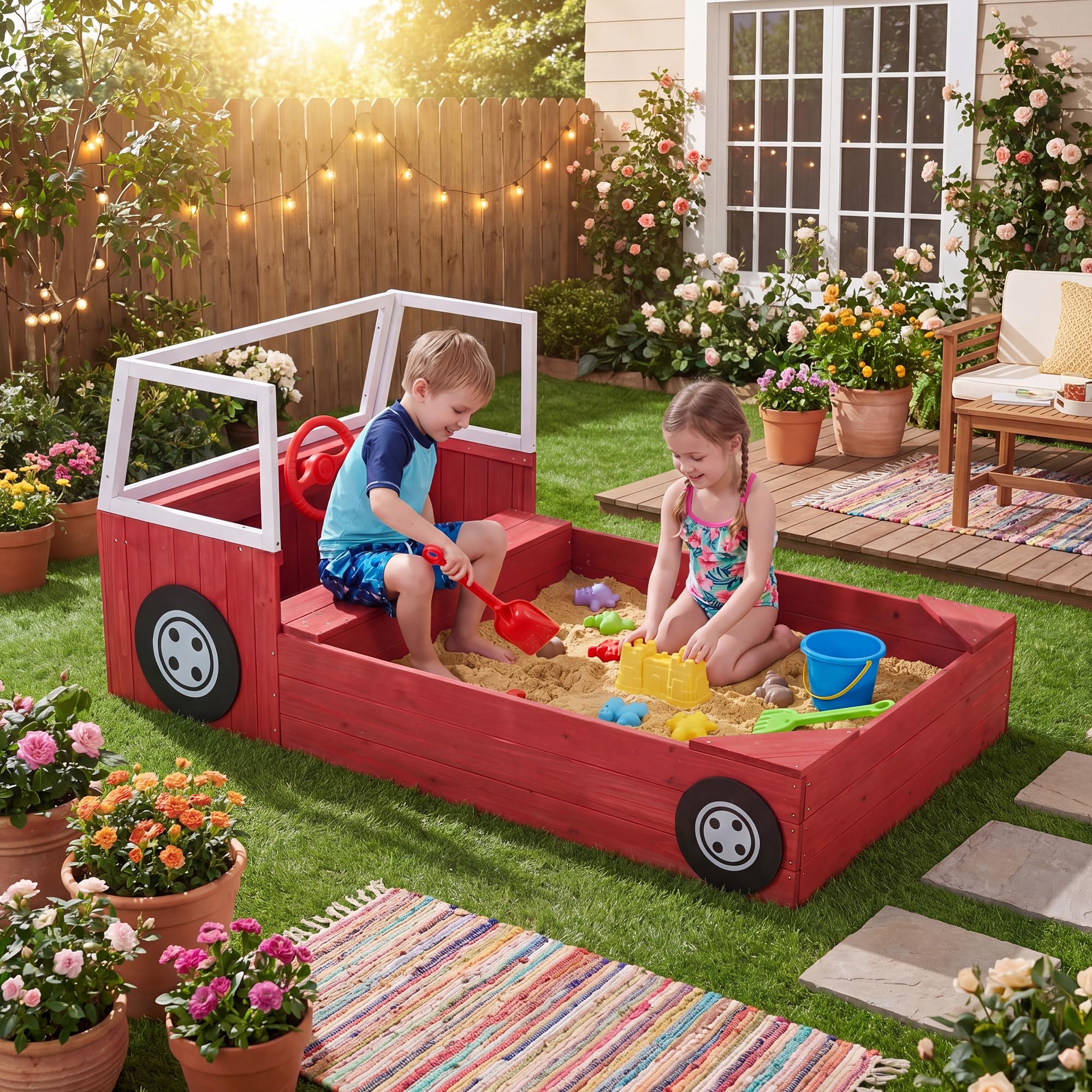 HOMASIS Sabbiera per Bambini in Legno, Sabbiera da Esterno a Forma di Autopompa con Panca, Sedile, Volante e Fodera, Gioco da Spiaggia per Cortile e Giardino, per Bambini 18+ Mesi, 156 x 80 x 70 cm