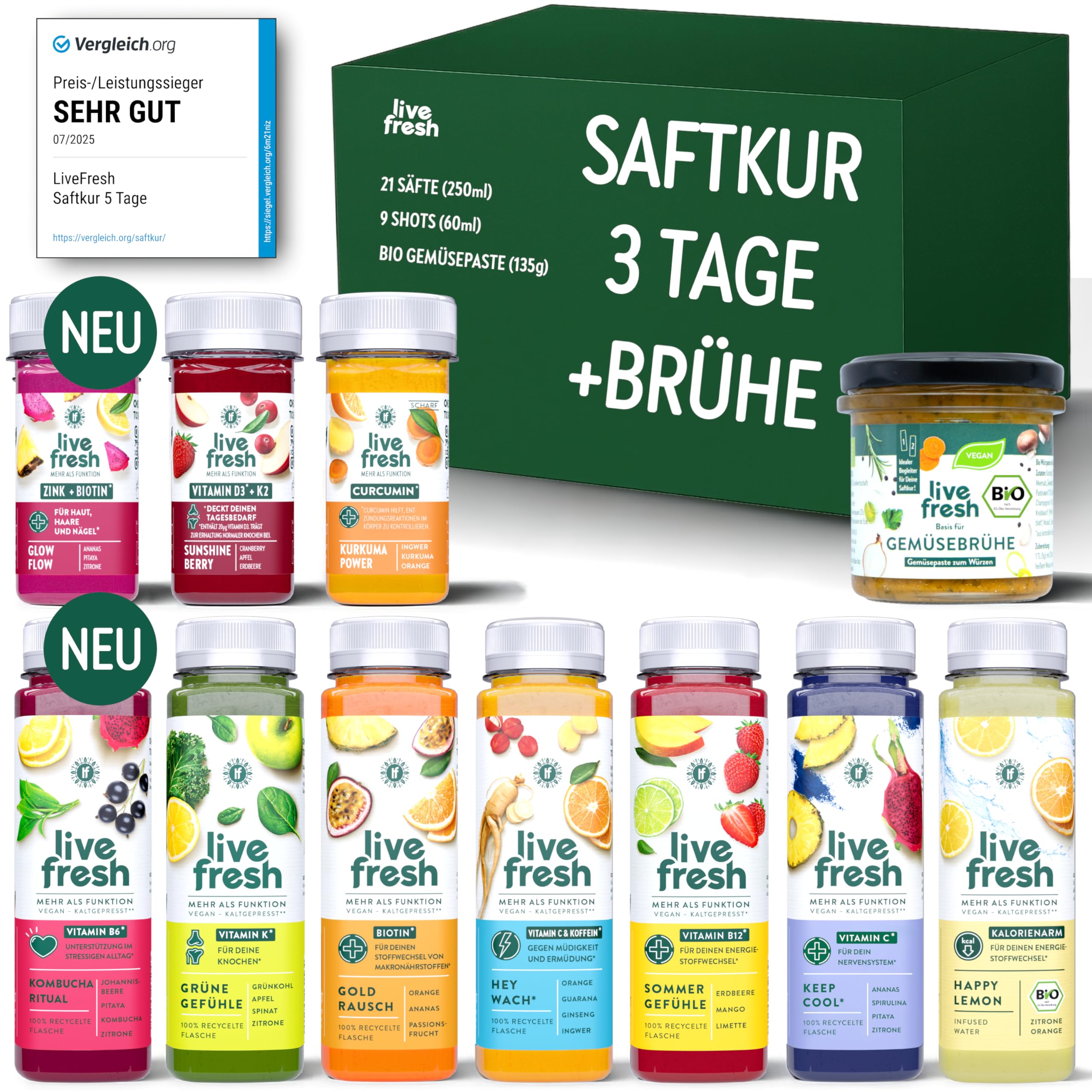 LiveFresh Saftkur 3 Tage + BIO Brühe – 21 Säfte (250ml) & 9 Shots (60ml) kaltgepresst¹ + Bio Gemüsepaste (135g) – 743 Kalorien pro Tag – Tipps zum nachhaltigen Abnehmen in der LiveFresh App
