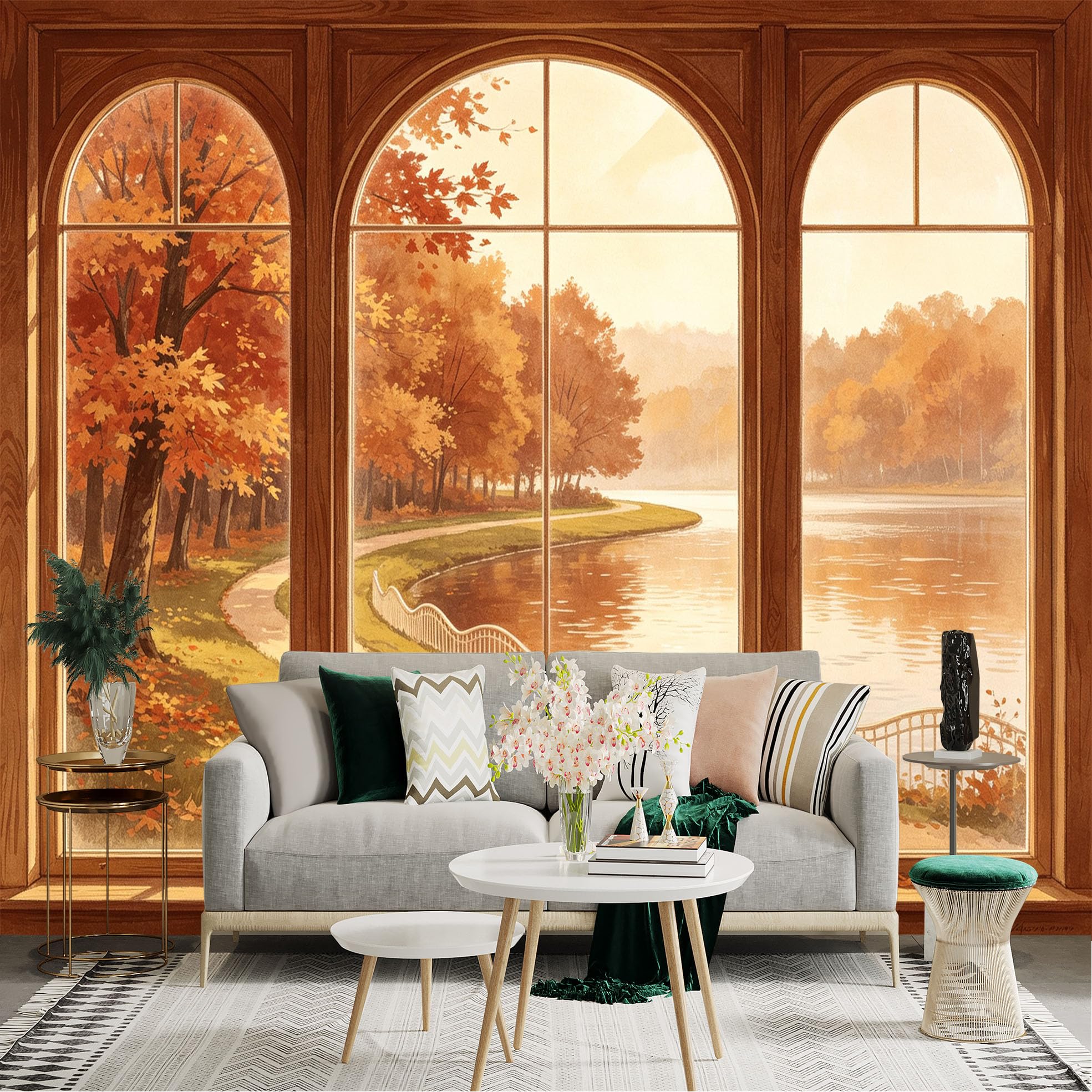 Custom Size Wall Sticker Mural， Autumn Lake View Through Window， Golden Maple Trees， Scenic Riverside Path， for wall Decoration， peelandstick wall Decals.