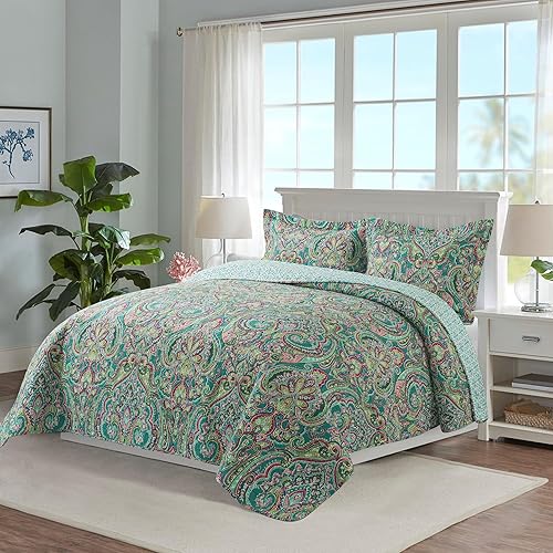 Vista 172 de NEWLAKE Juego de colcha de algodón, juego de colcha reversible de retazos, estampado real clásico turquesa, tamaño Queen Turquesa Clásico