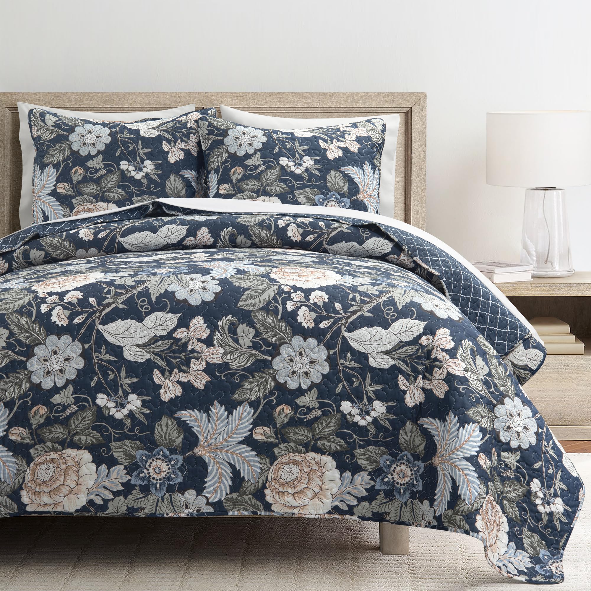 Lush Decor Sydney Reversible Cotton Quilt Set, 3 Piece Set, Full/Queen, Navy & Multi - Cotton Bedding Set - Navy Floral Quilt - Cottage Decor - Bedding Queen Size