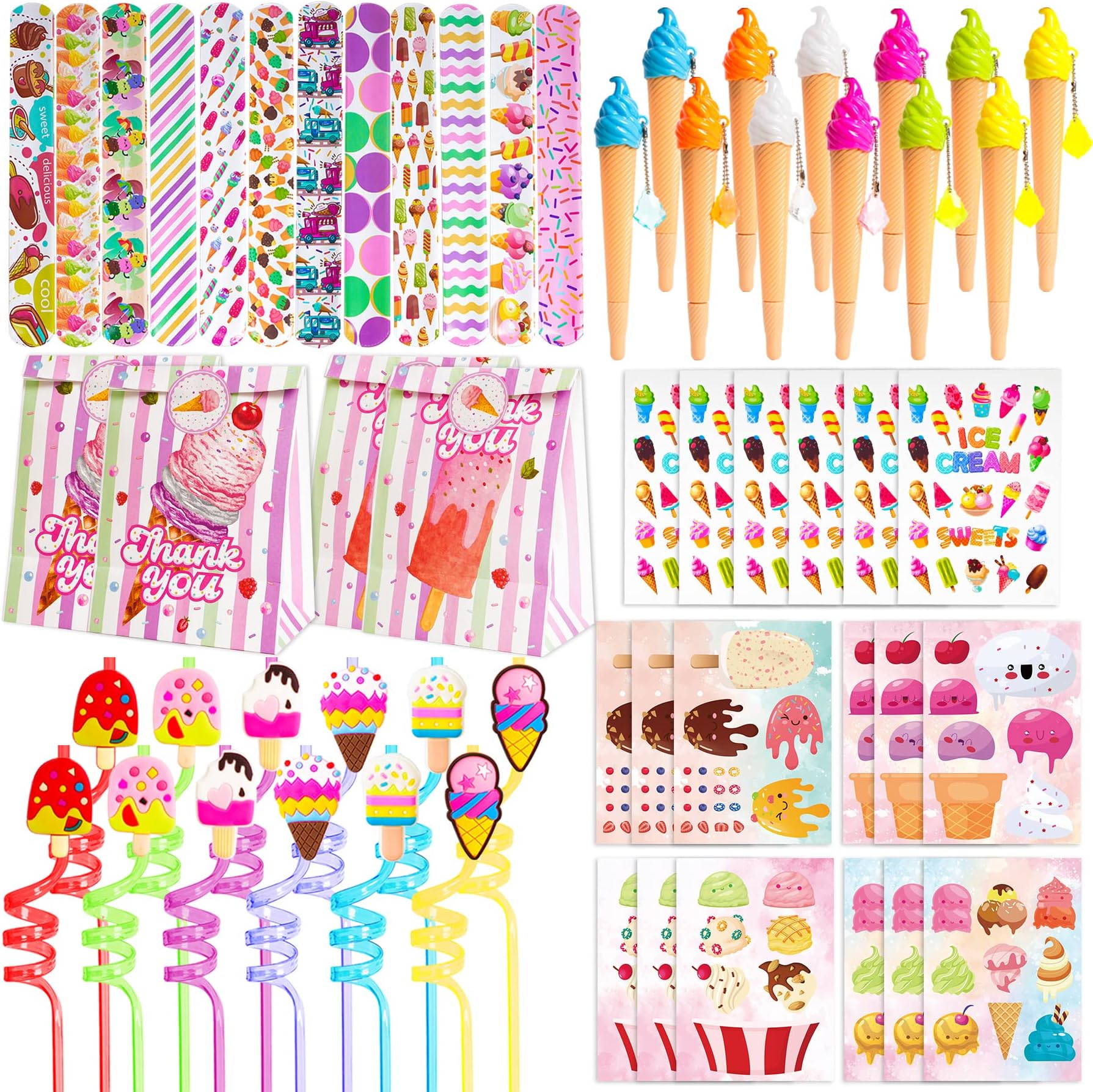 Erweicet Ice Cream Party Favors 72 PCS Ice Cream Slap Bracelets Pen DIY Stickers Straws Tattoo Stickers Gift Bags for Kids Girls Ice Cream Theme Birthday Party Gift Giving Sweet Summer Baby Shower