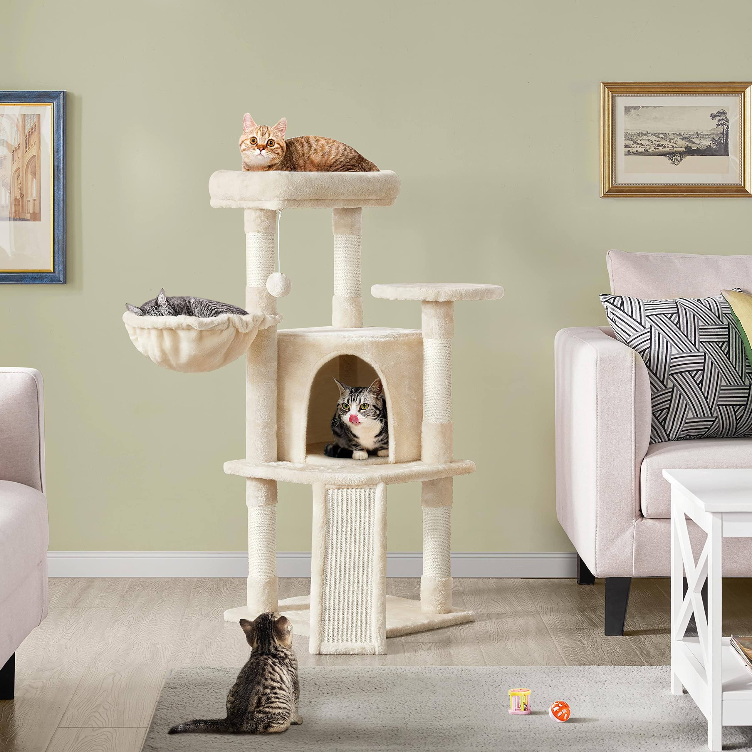 Abician Arbre à Chat Hauteur 107cm Griffoir, Tour de Jeux en Sisal pour Chatons, 3 Plateformes/Panier/Cachette, Multiniveau, Design, Beige