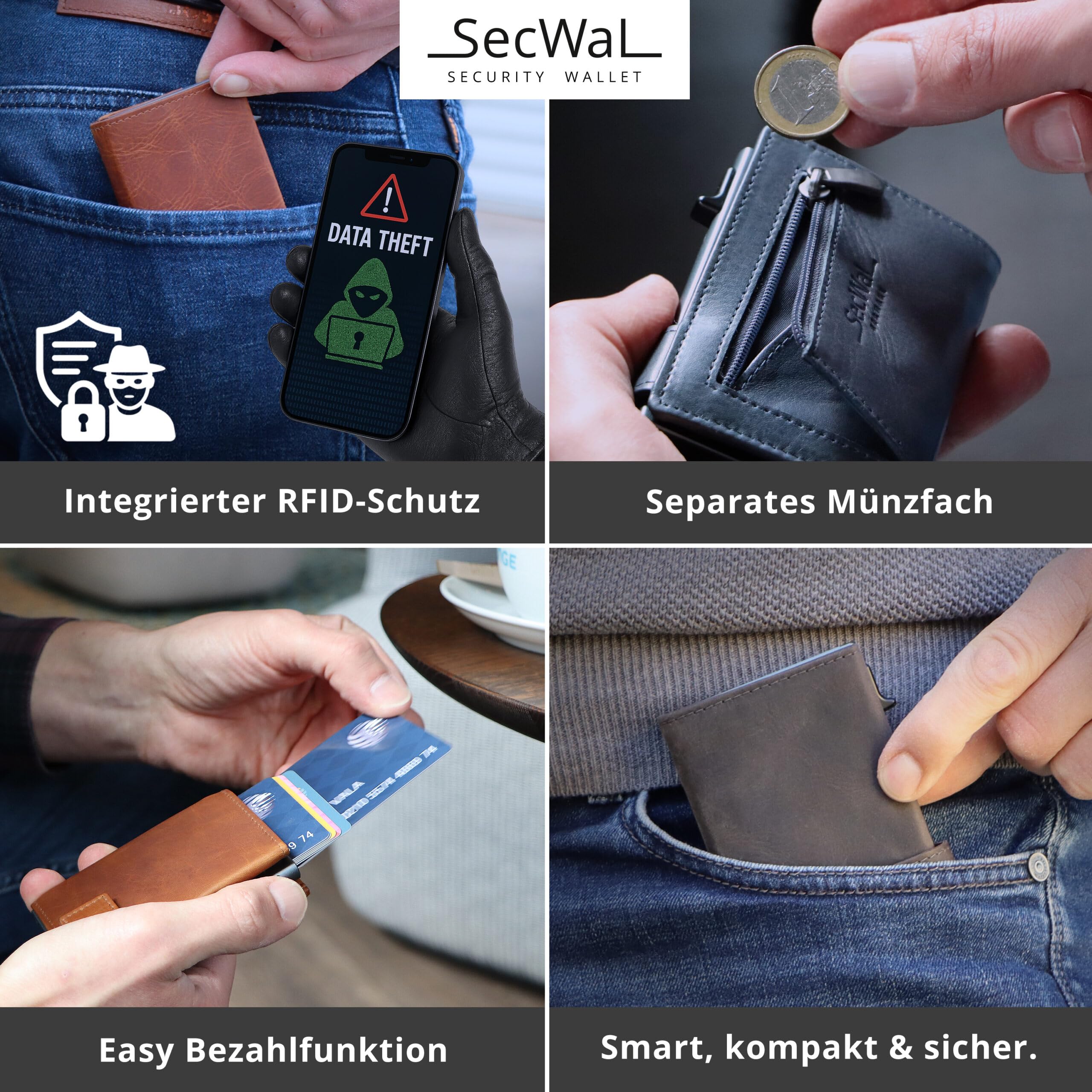SecWal Kartenetui mit Münzfach Reißverschluss - Made in Germany - Echtleder Mini Geldbörse inkl. E-Book für Damen und Herren - RFID Schutz Portemonnaie Leder - Geldbeutel klein (9,5cm x 7,0cm x 2cm)