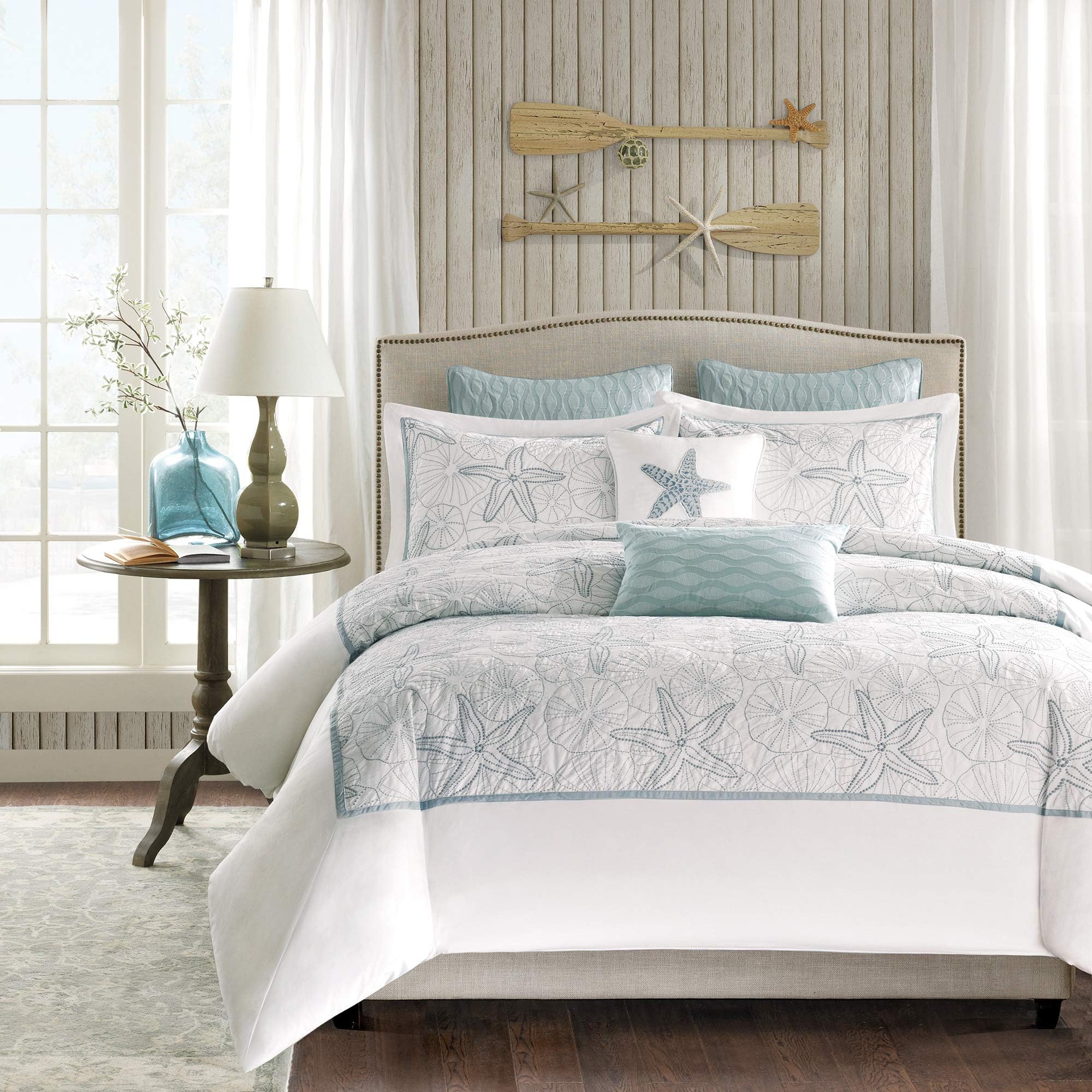 Harbor House 100% Cotton Duvet Cover, Embroidered Coastal Seashells, Starfish Duvet Cover Set – Light Weight Bed Comforter Covers, Maya Bay White Blue King/Cal King (106"x90") 3 Piece