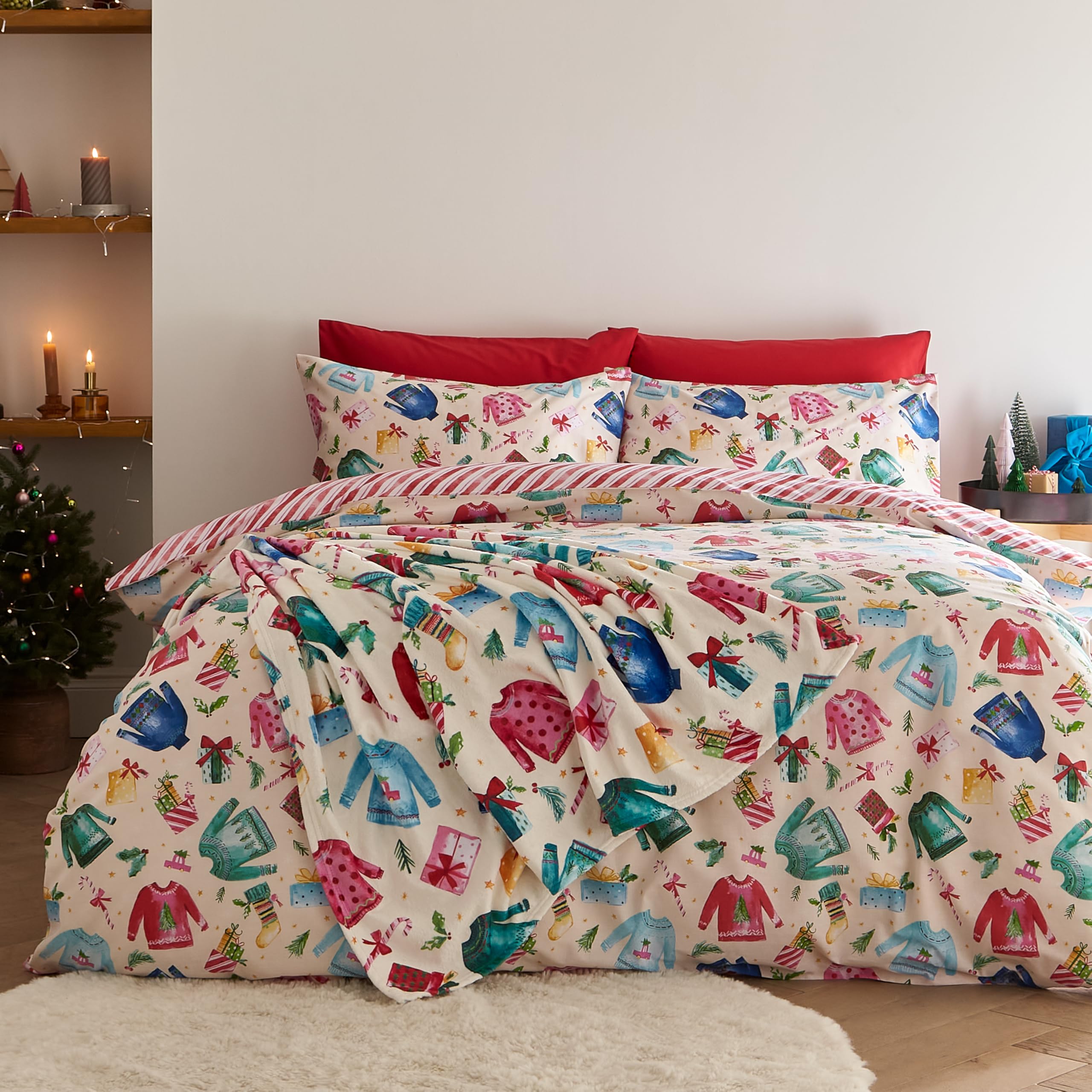 Parure De Lit King Size Catherine Lansfield - Coton Brossé Réversible - Design Festif Avec Rouges-gorges