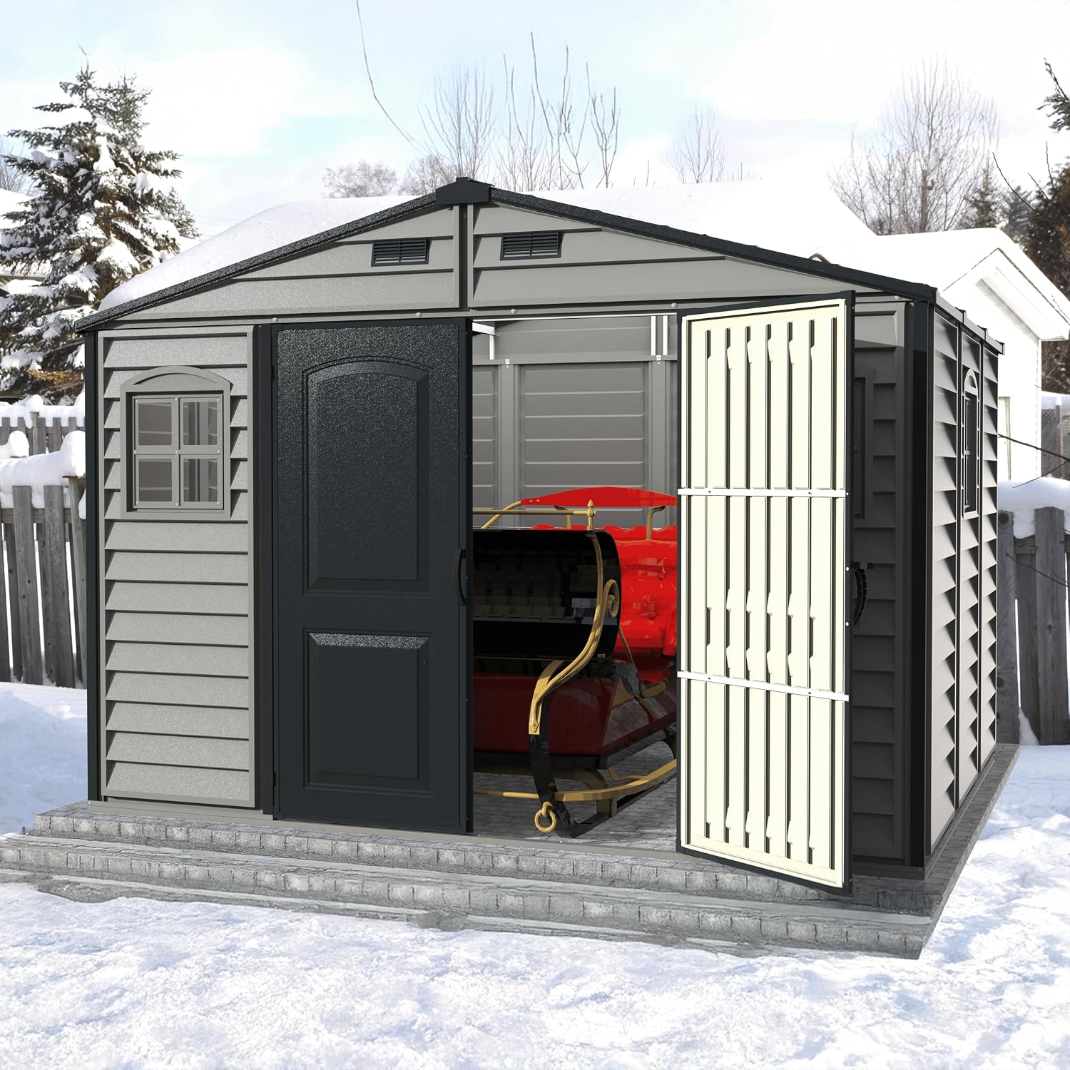 Duramax Woodside Plus 10x8 Vinyl Storage Shed in a snowy environment with one door open, showing interior storage