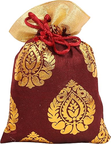 Miniatura 7 de Touchstone Bolsas de cordón tradicionales indias hechas a mano en tejido brocado con patrón de hojas de ficus. Perfecto para regalos, joyas, bodas,