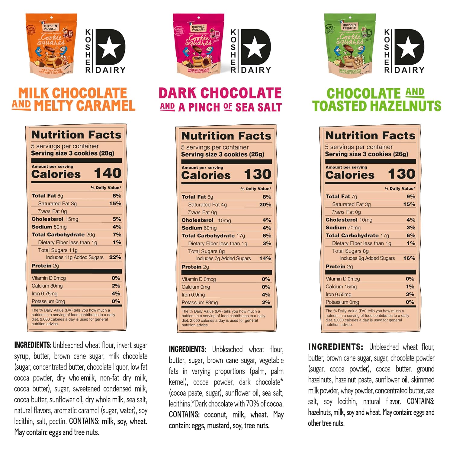 Michel et Augustin Cookie Bag Variety Pack 2 Flavor – Milk Chocolate & Caramel + Milk Chocolate & Hazelnut, 15 Cookies per Bag