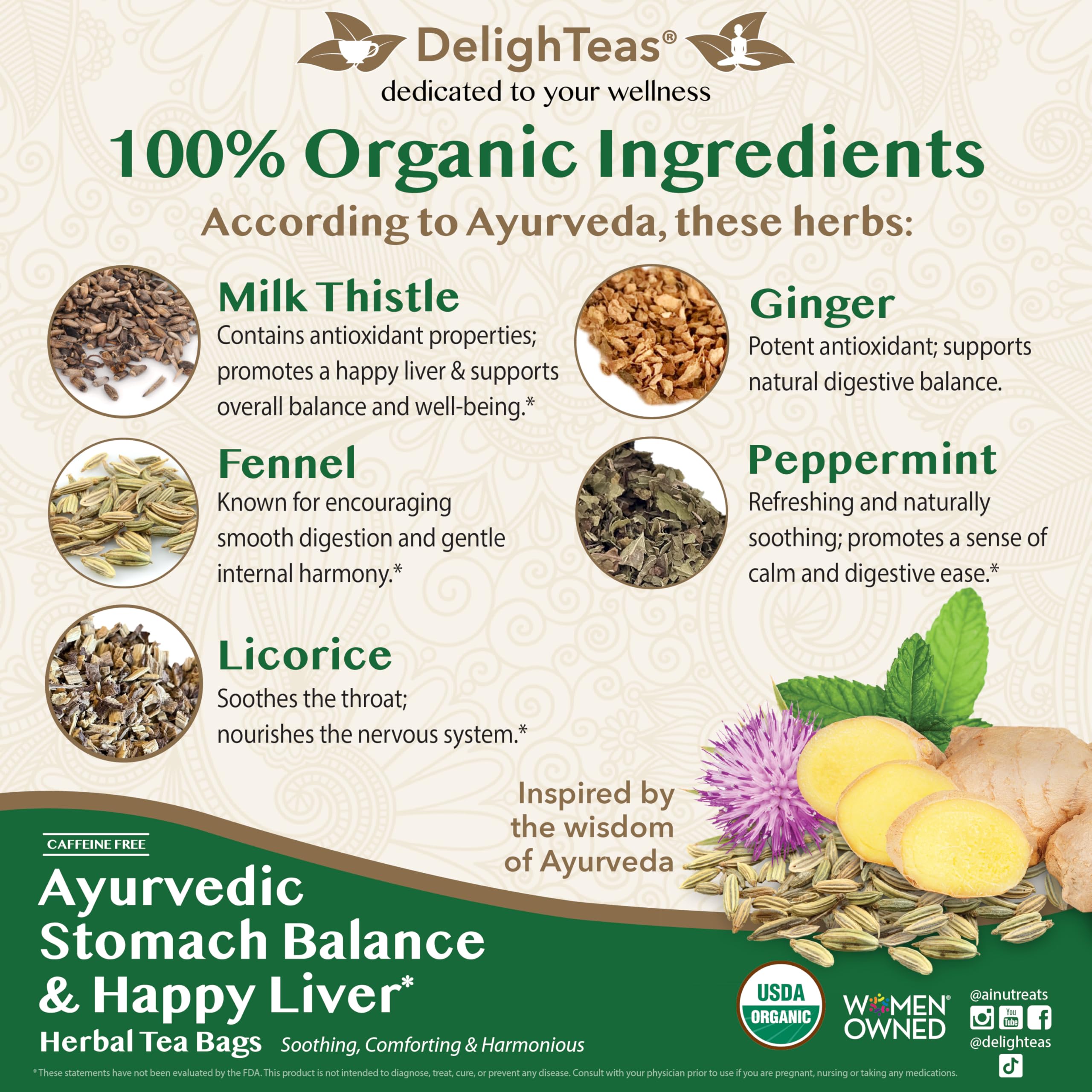 DelighTeas Sachets de thé détox pour le foie | Sachets de thé pyramidaux respectueux de l'environnement | Soulagement ayurvédique de l'estomac et soutien du foie | USDA biologique, végétalien, sans