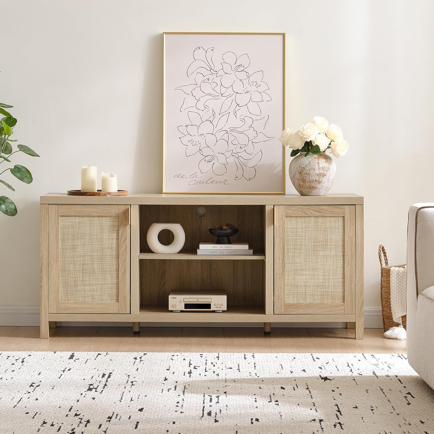 SICOTAS Rattan TV Stand for Living Room - 26" Tall TV Console Cabinet with Storage and Adjustable Shelf, Boho Entertainment Center, 59" Media Console for 50, 55, 65 Inch TV, Light Oak - Image 5