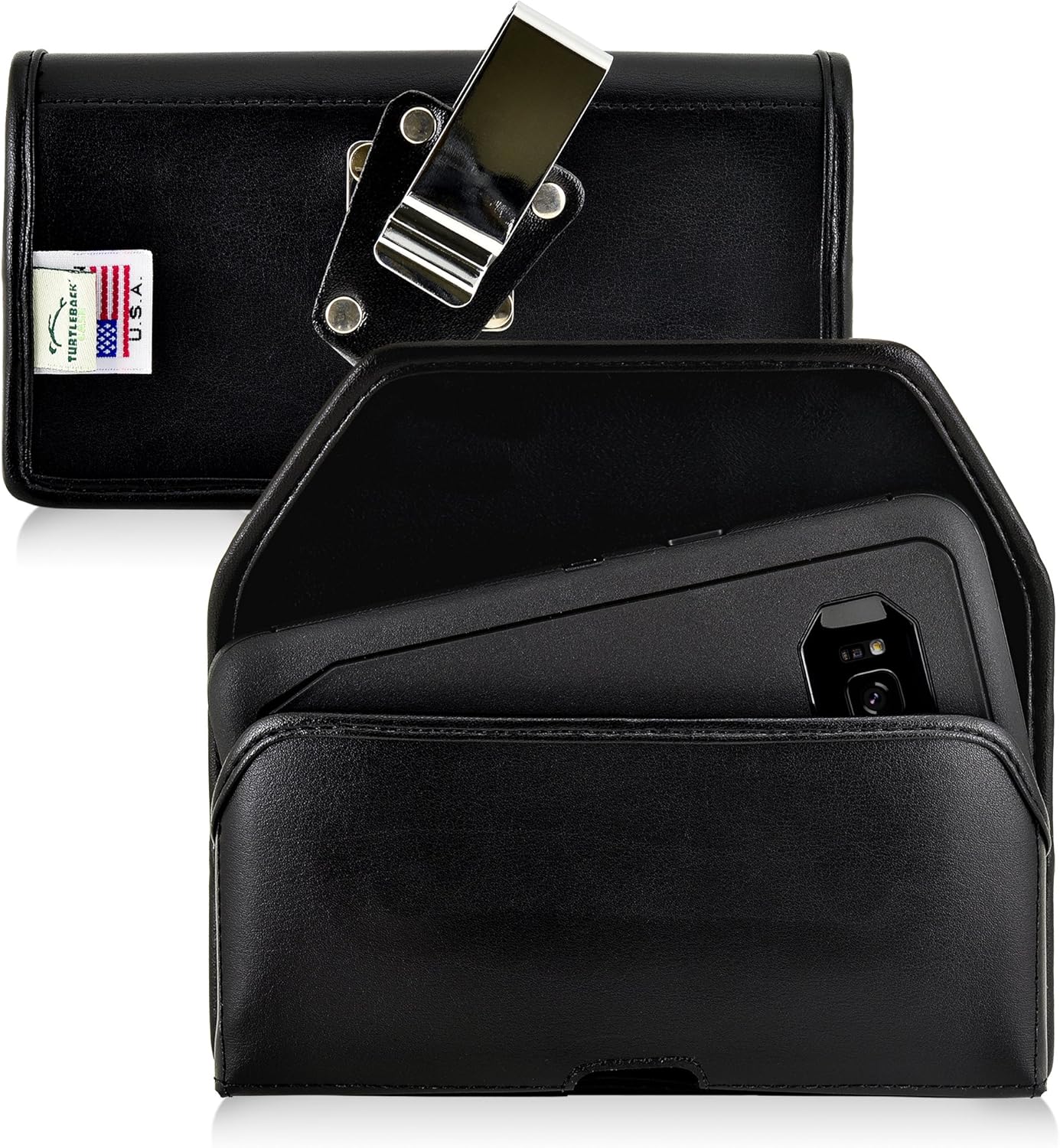 Turtleback Belt Case Compatible with Samsung Galaxy S8 Fits w/OB Defender or Bulky Cases, Black Holster Leather Pouch with Heavy Duty Rotating Ratcheting Belt Clip Horizontal