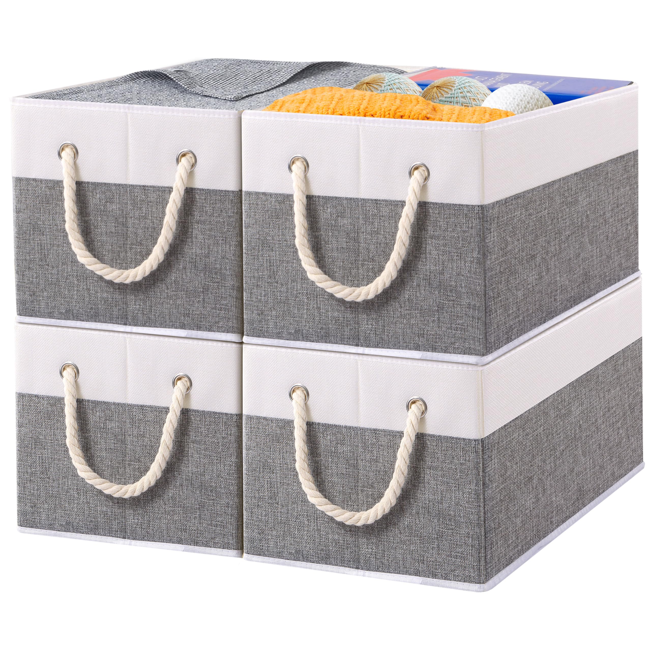 Yawinhe 4 Stück Aufbewahrungsbox Stoff für Kleidung,Weiß/Grau,33x23x20cm