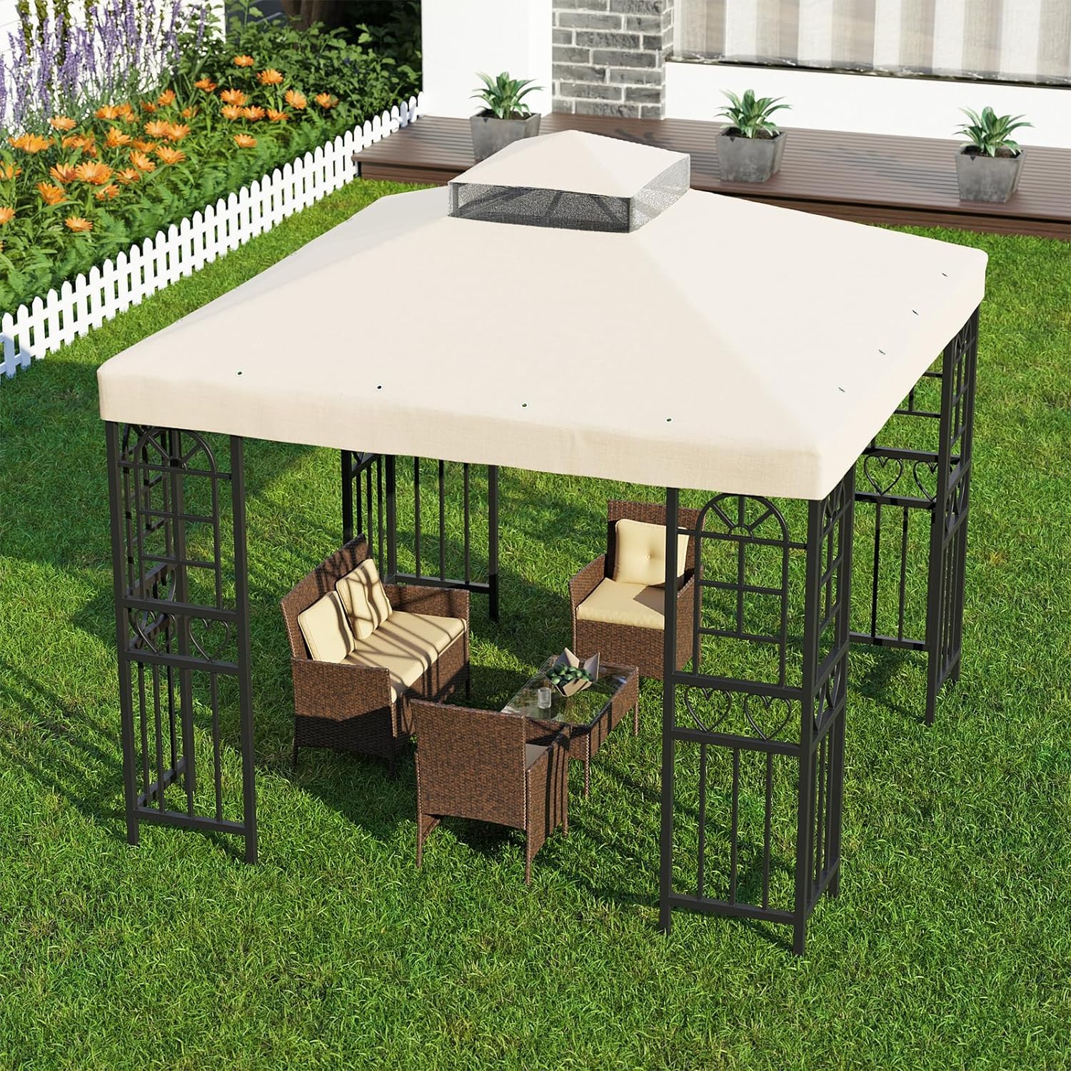 3x3m Waterproof Gazebo Replacement Top Cover with UV Resistant Canopy Heavy Duty Double Tiered Pavilion Roof Protection for Yard Patio Garden Outdoor Sunshade with 16 Drainage Holes