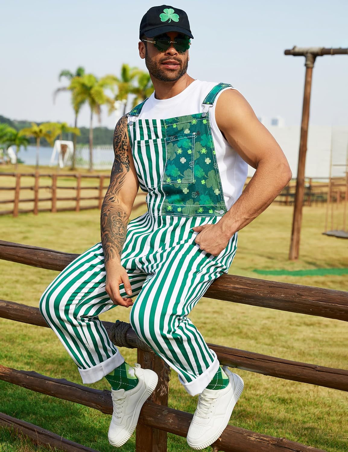 St Patricks Day Overalls for Men,Green Sunglasses,Shamrock Hat,Cotton Socks,4 Pcs Festival Outfits Irish Gifts