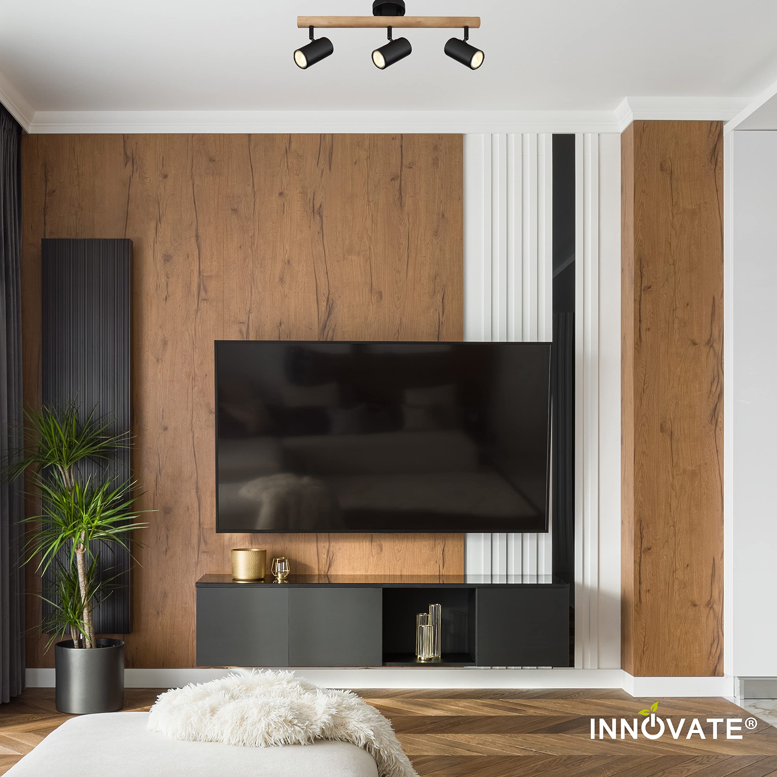 INNOVATE LED Spotbalken Holz | GU10 Deckenlampe Spot | LED Deckenleuchte Schwenkbar | Spotleuchte drehbar für Küche, Wohnzimmer, Schlafzimmer | Wandleuchte Holz | Deckenstrahler 3 flammig