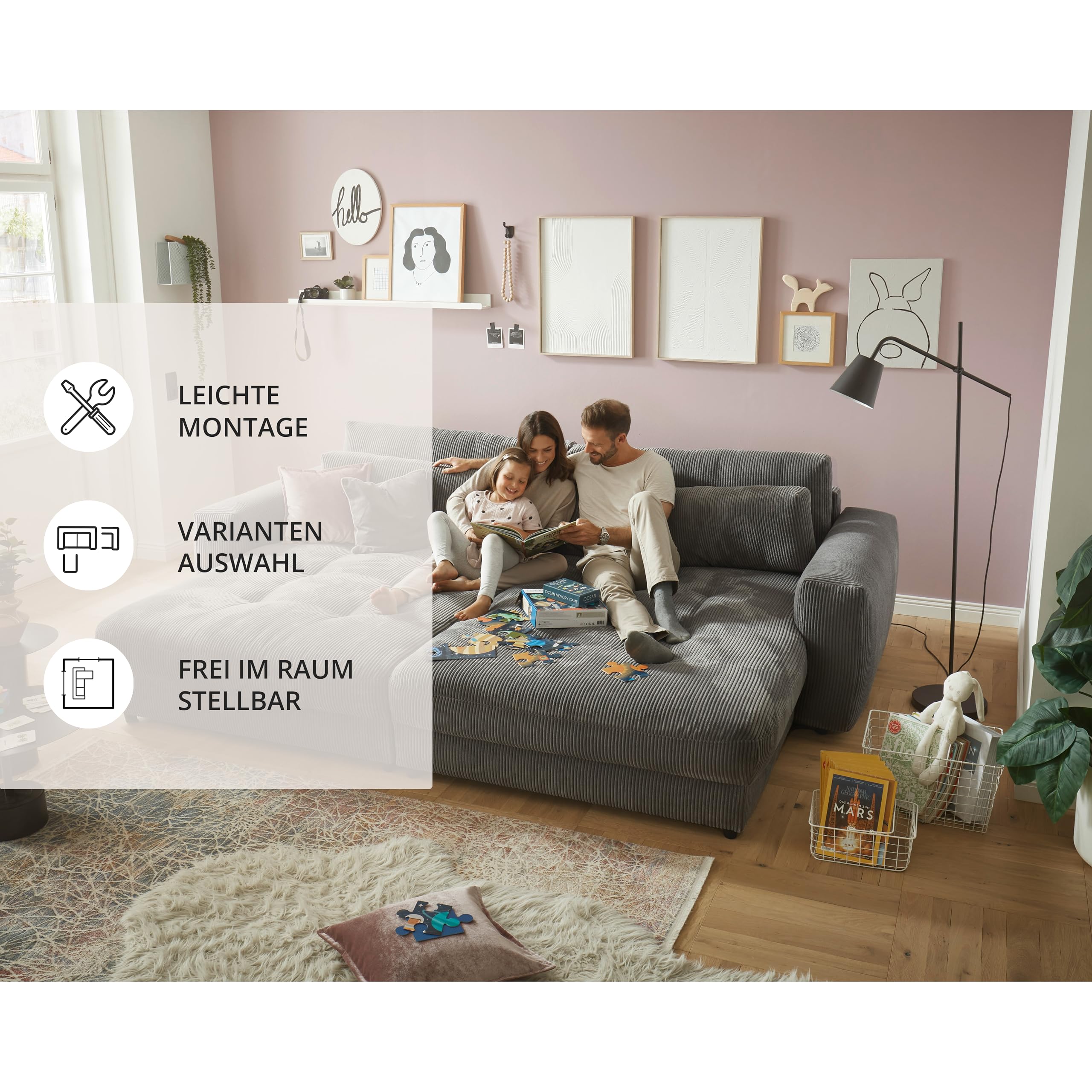 Big Sofa BARURA Cord dunkelgrau – XXL Couch mit großer Liegefläche, modernes Sofa 292x194 cm inklusive Nierenkissen