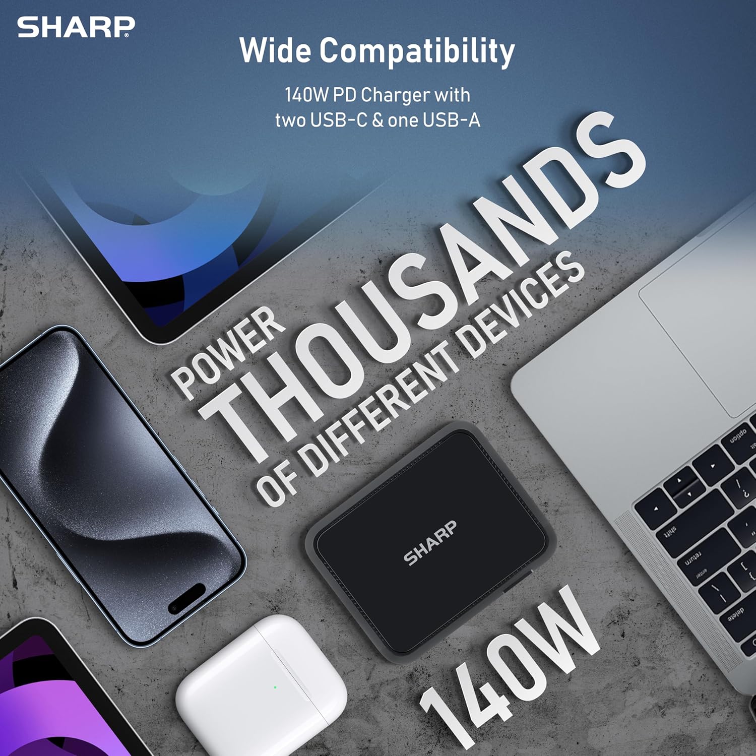 Sharp 140W USB C Charger, Compact Foldable GaN Fast Charge 3-Port (2 USB-C, 1 USB-A), Compact Foldable Wall Charger for MacBook Pro/Air, iPad Pro, iPhone 15/Pro, Galaxy S22/S21, Dell XPS, Black