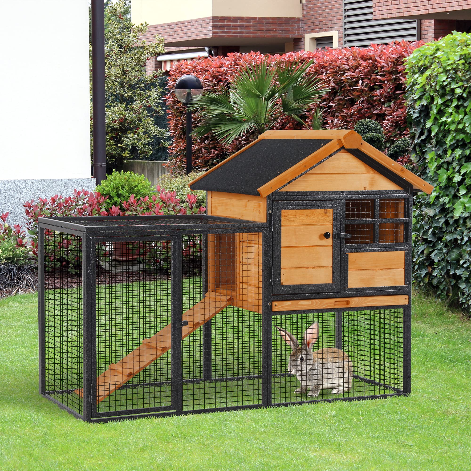 PawHut Conejera de Exterior Jaula para Mascotas Pequeñas 2 Niveles con Rampa Bandeja Extraíble de Madera y Metal 122x63x92 cm para Conejos Cobayas Madera y Gris