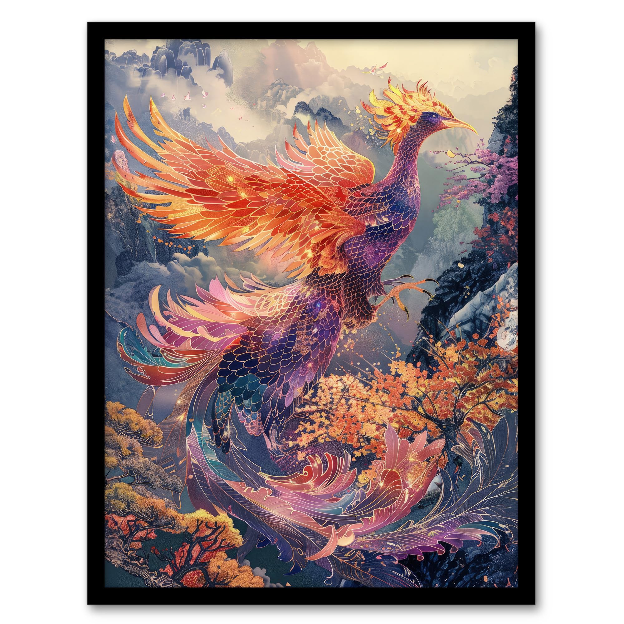 Artery8 Magical Phoenix Colourful Fantasy Concept Art For Living Room Artwork Framed Wall Art Print 18X24 Inch