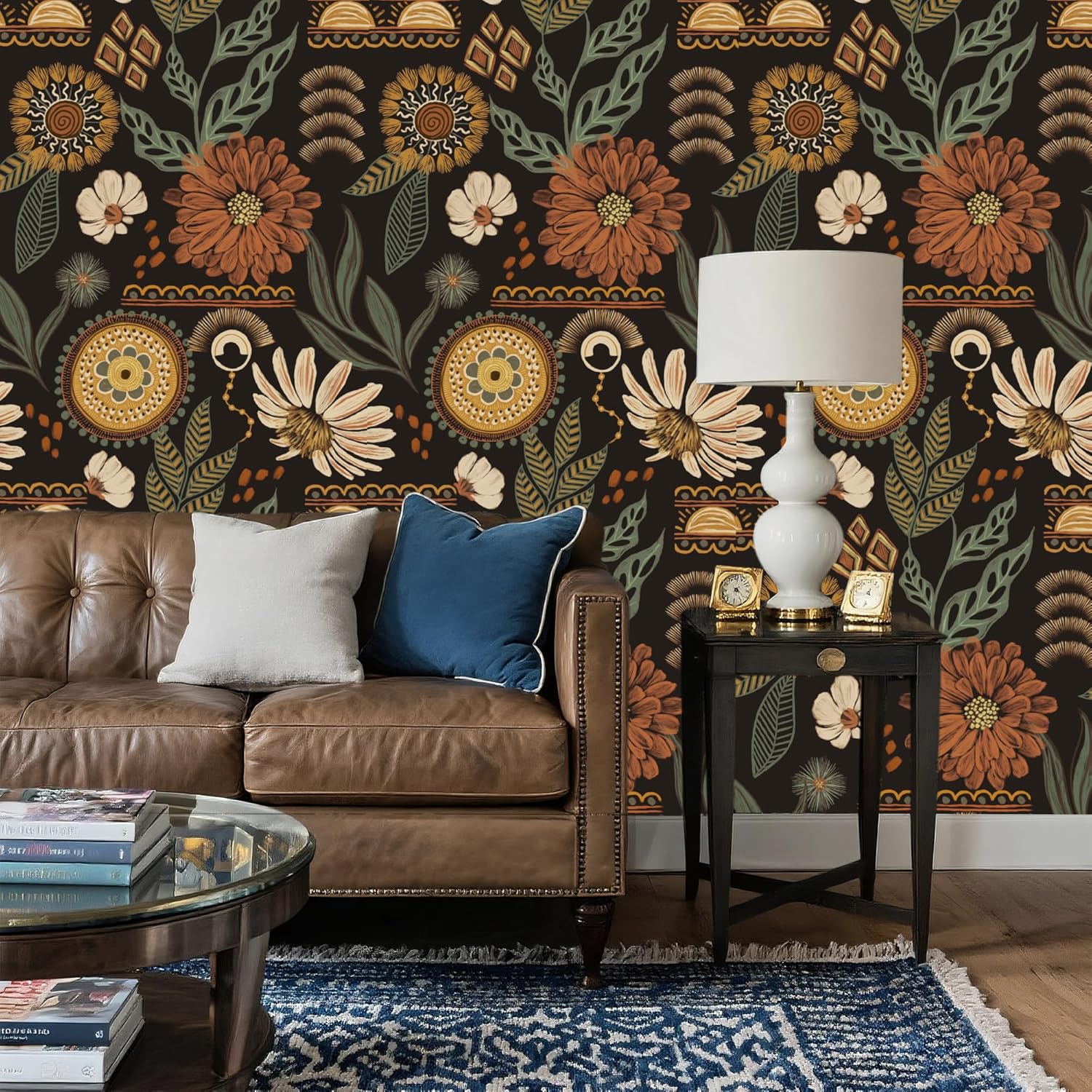 Boho Wallpaper Peel and Stick - Exotic Floral Removable Waterproof Self Adhesive Wallpaper Roll, 17.3" x 240" Vinyl for Bedroom, Living Room, Cabinet