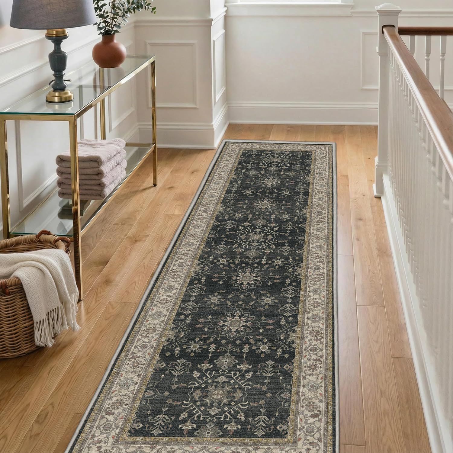 GENIMO 2'6"x8 Runner Rug, Machine Washable Rugs Non Slip, Soft Retro Vintage Boho Rugs Indoor, Ultra-Thin Low Pile Rug Runners for Hallway, Entryway, Kitchen, Charcoal Gray/Multi - Image 9